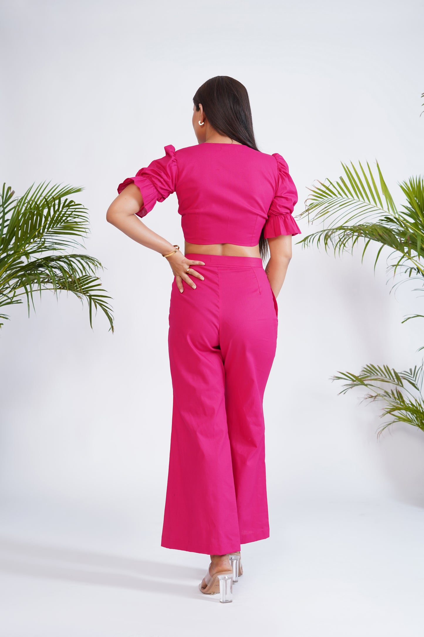 Hot Pink front tie-up crop top and pant set