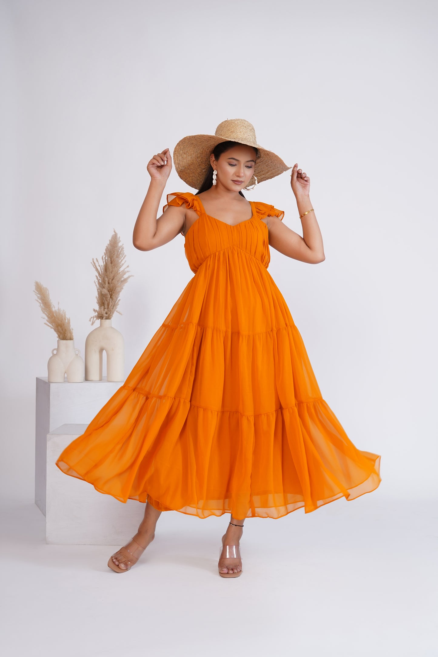 Mustard Georgette tiered midi dress