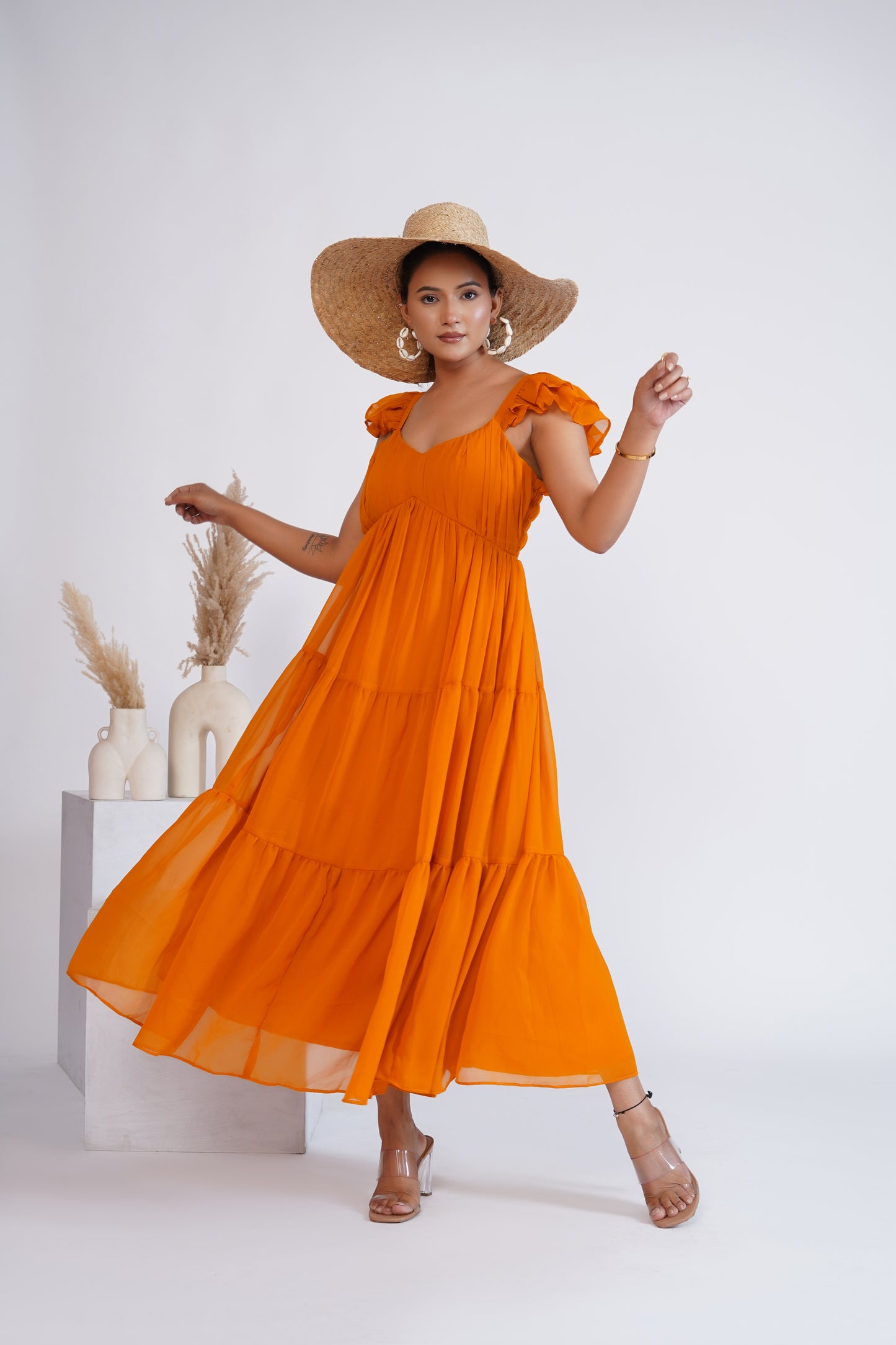 Mustard Georgette tiered midi dress