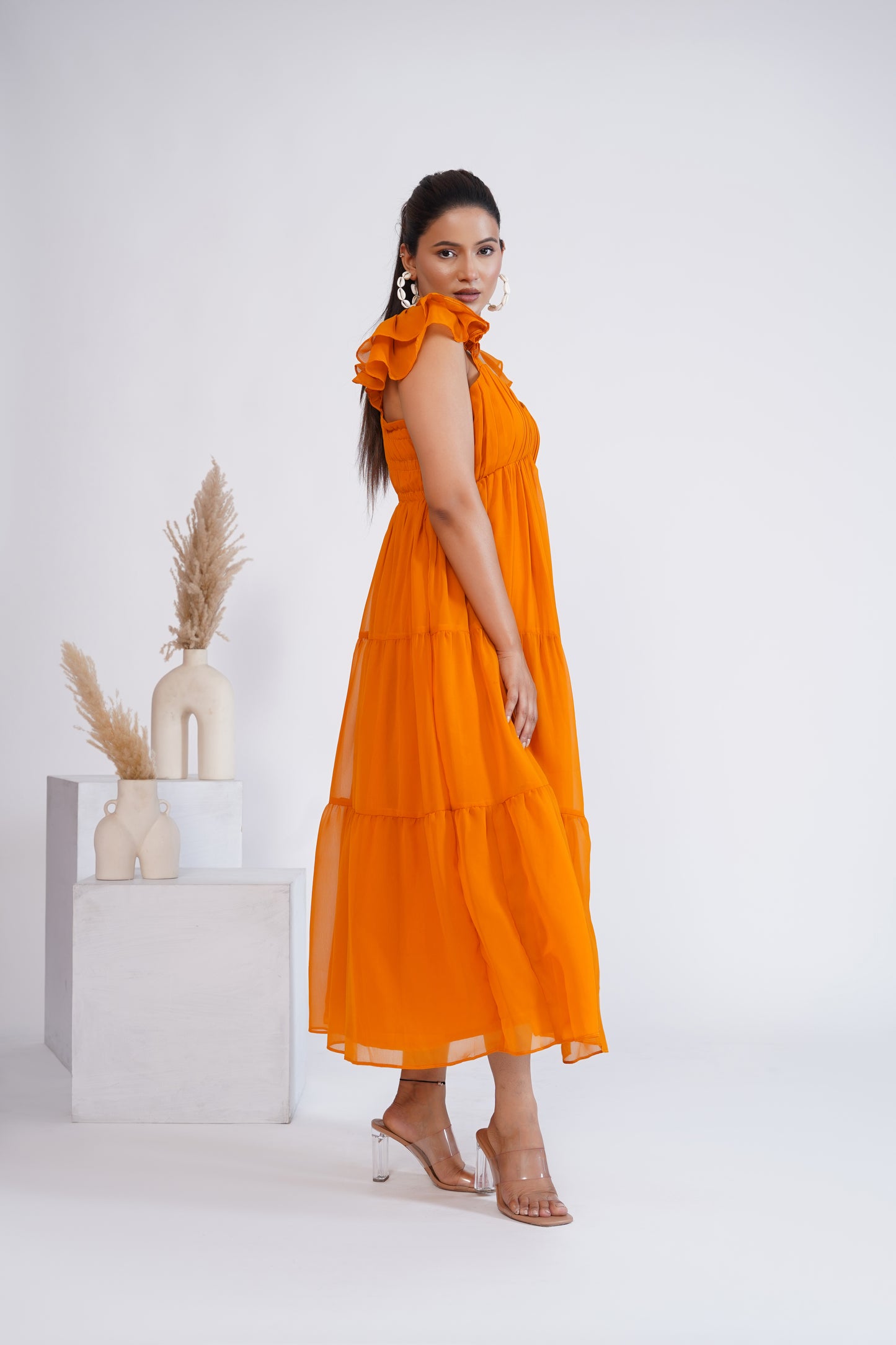 Mustard Georgette tiered midi dress