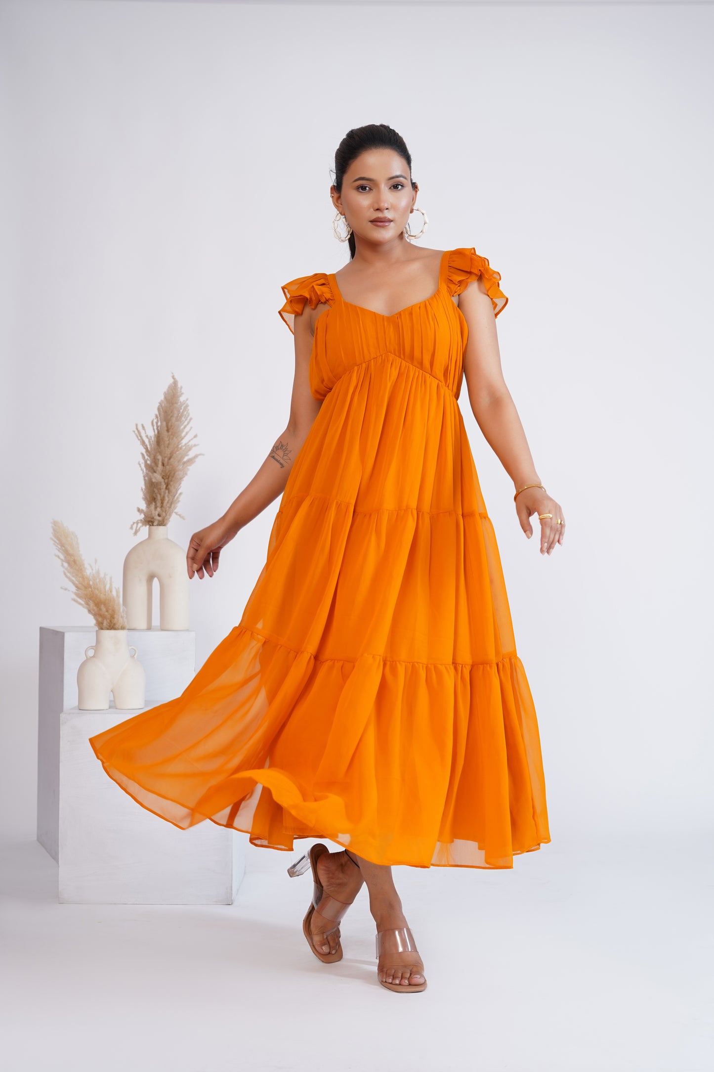 Mustard Georgette tiered midi dress