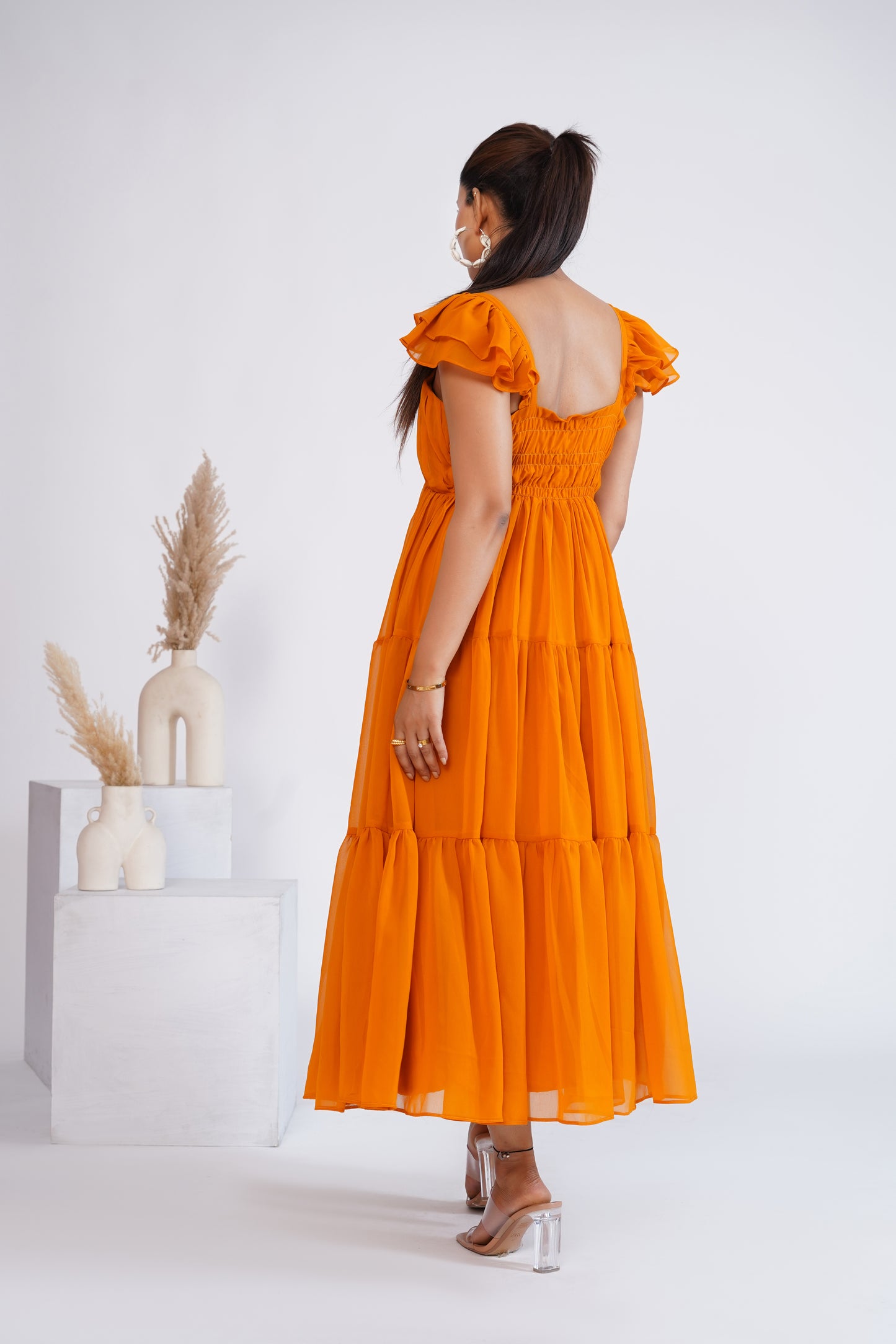 Mustard Georgette tiered midi dress