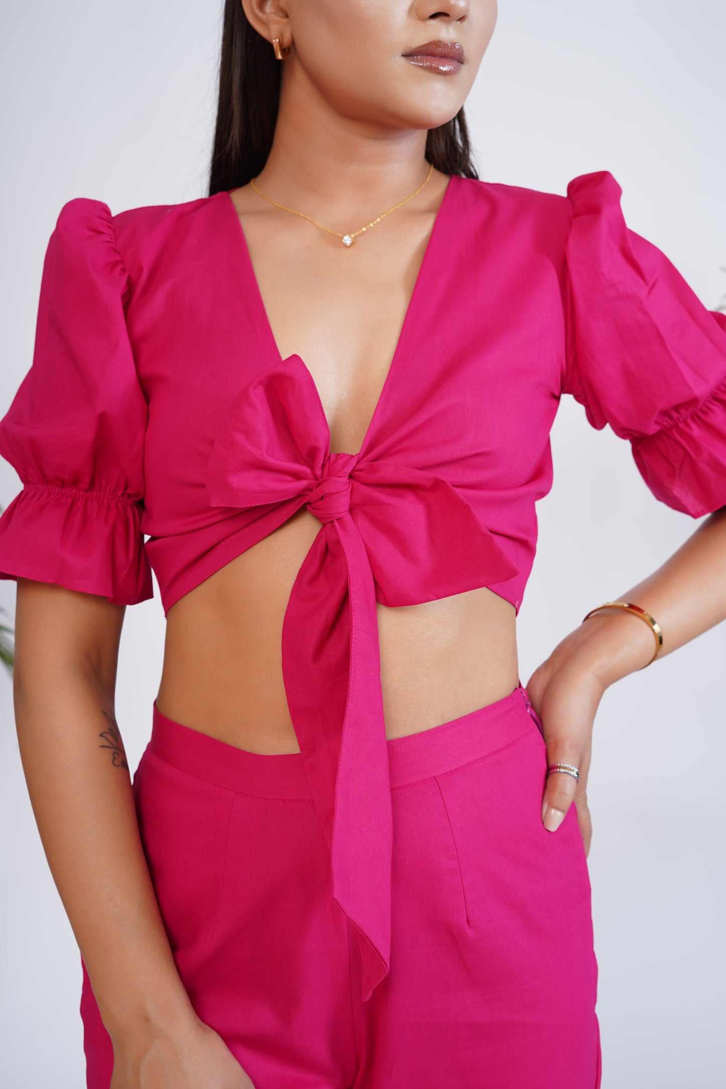 Hot Pink front tie-up crop top and pant set