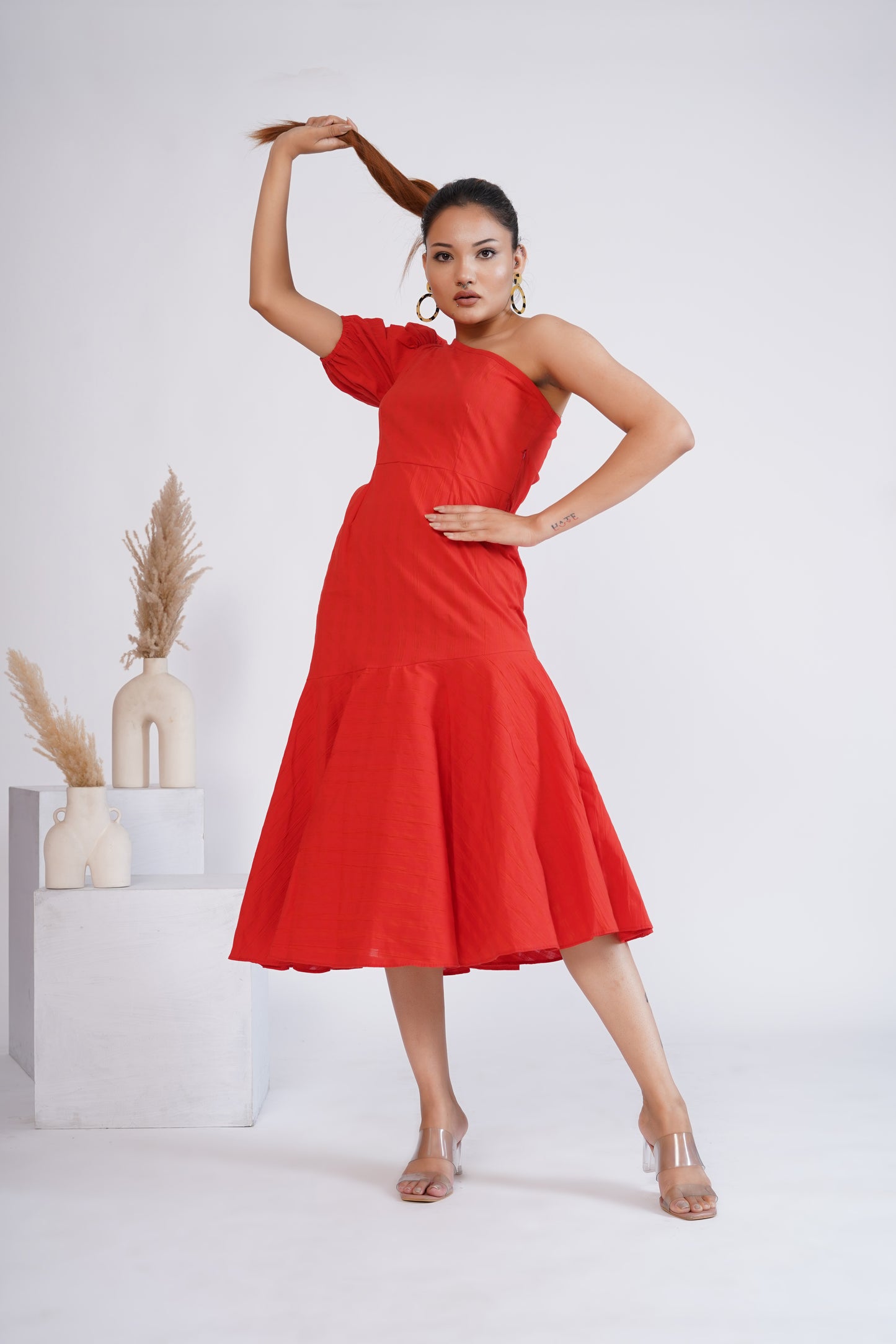 Flame red one shoulder dress