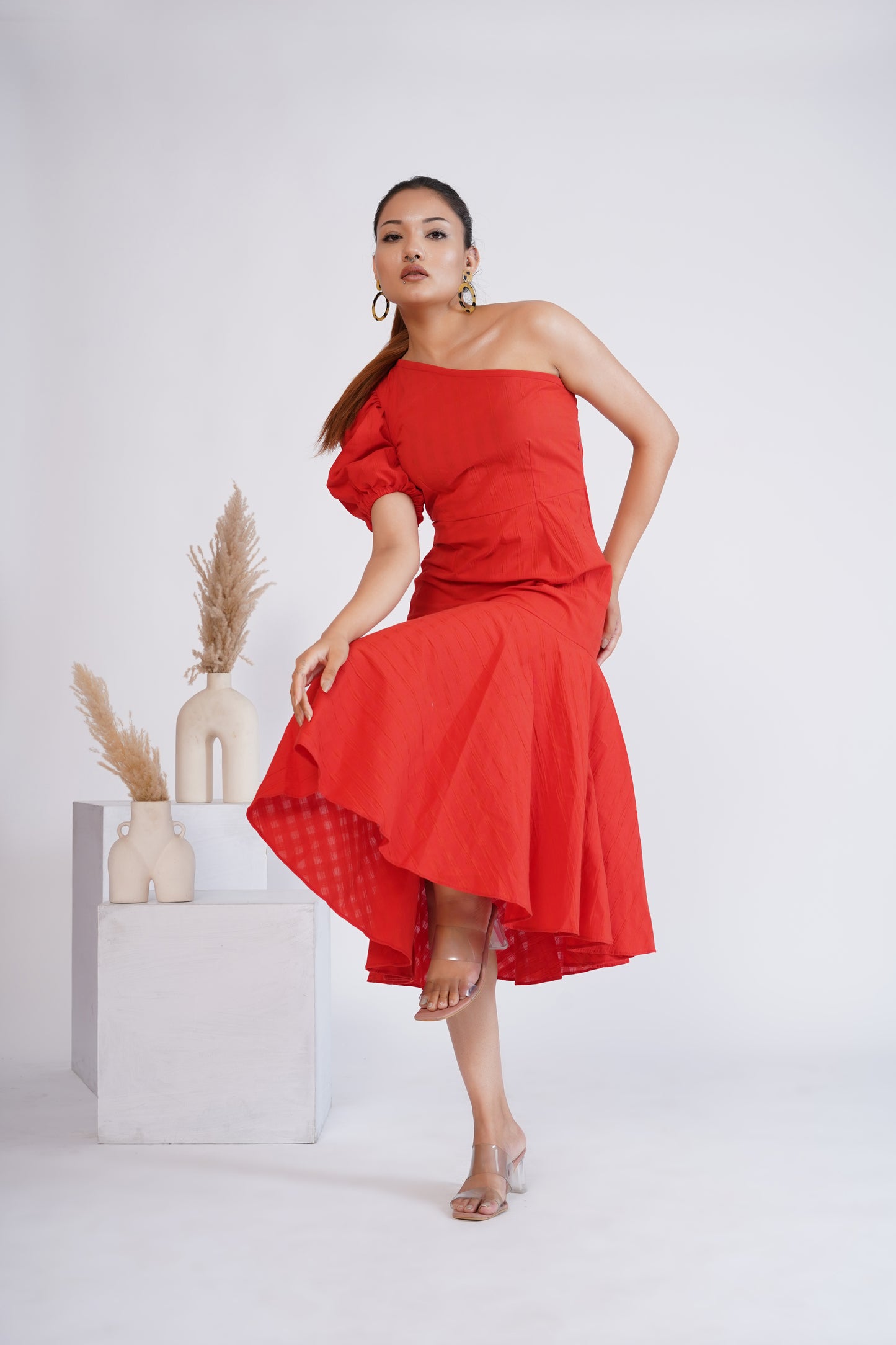 Flame red one shoulder dress