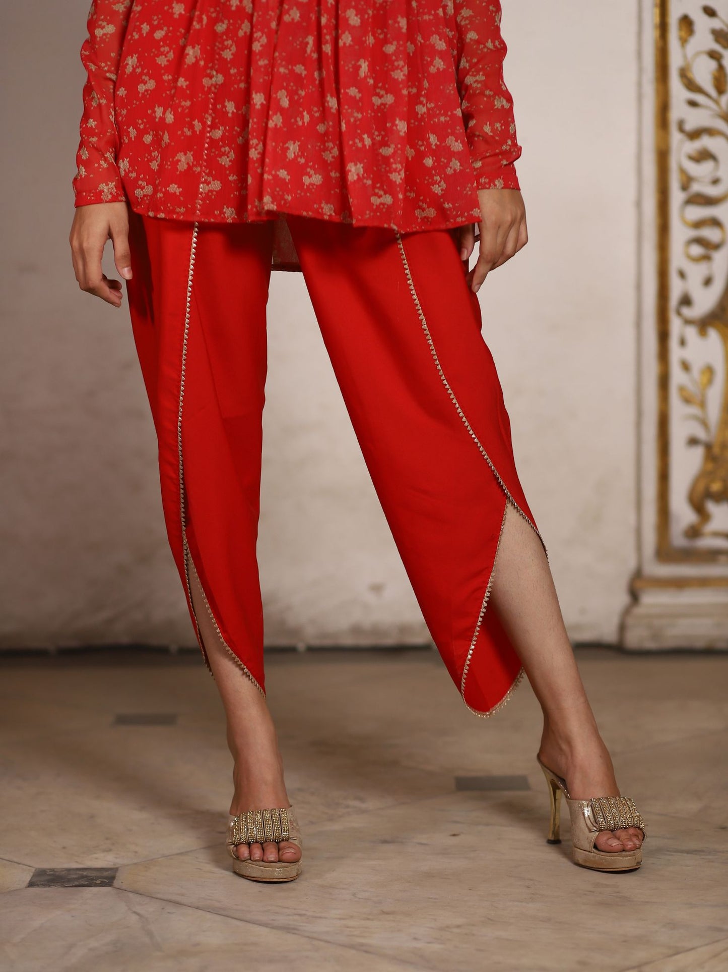 Red Embellished Tulip Pants