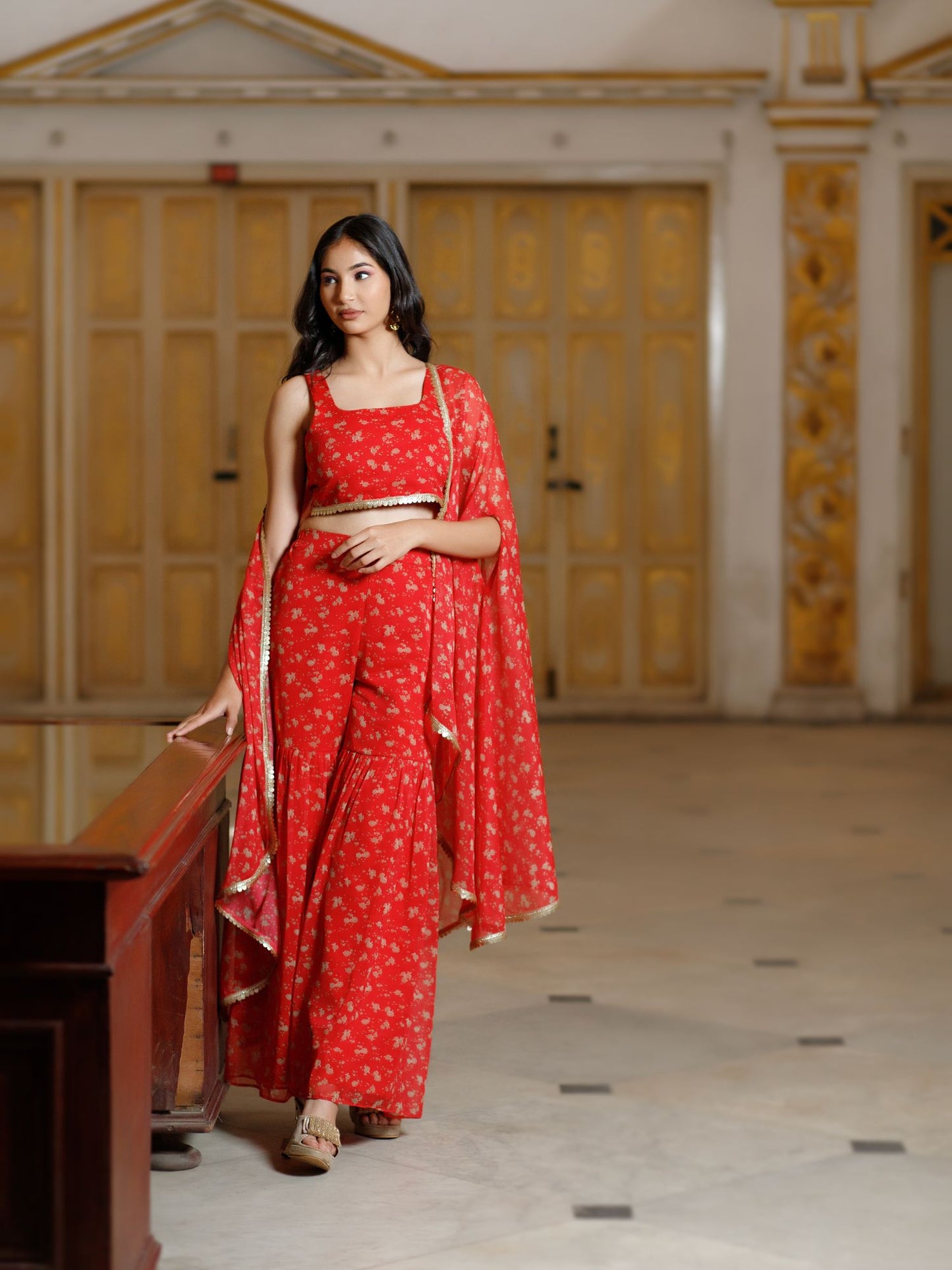 Red Floral Embellished Cape