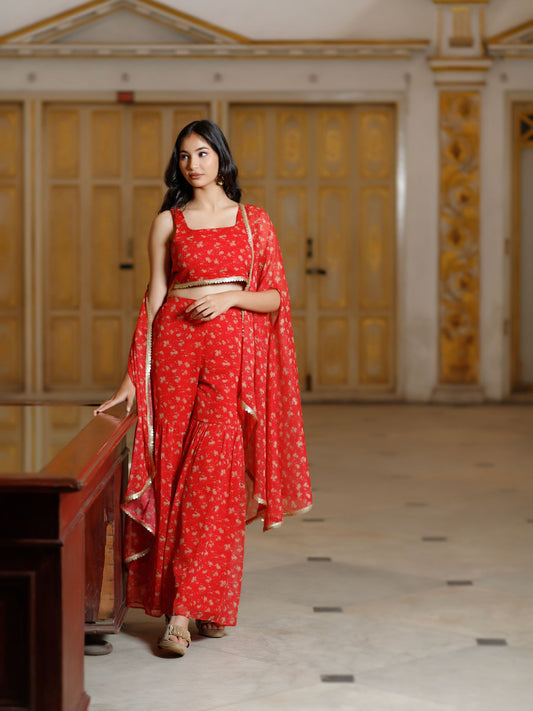 Red Floral Embellished Cape set