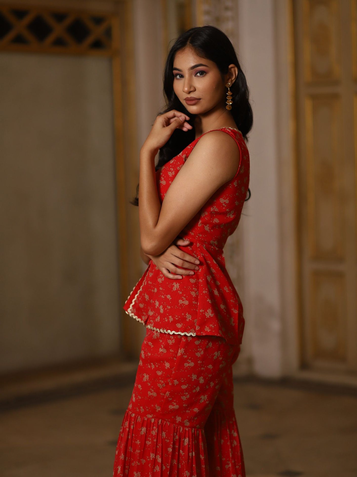 Red Floral Peplum Top and Sharara Set