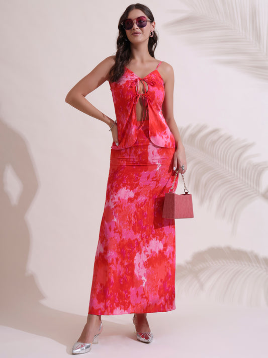 Marble Printed Tie-up Top with Skirt