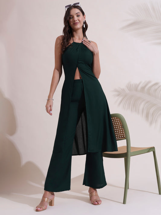 Hunter Green Halter Neck Front Slit Kurta Set
