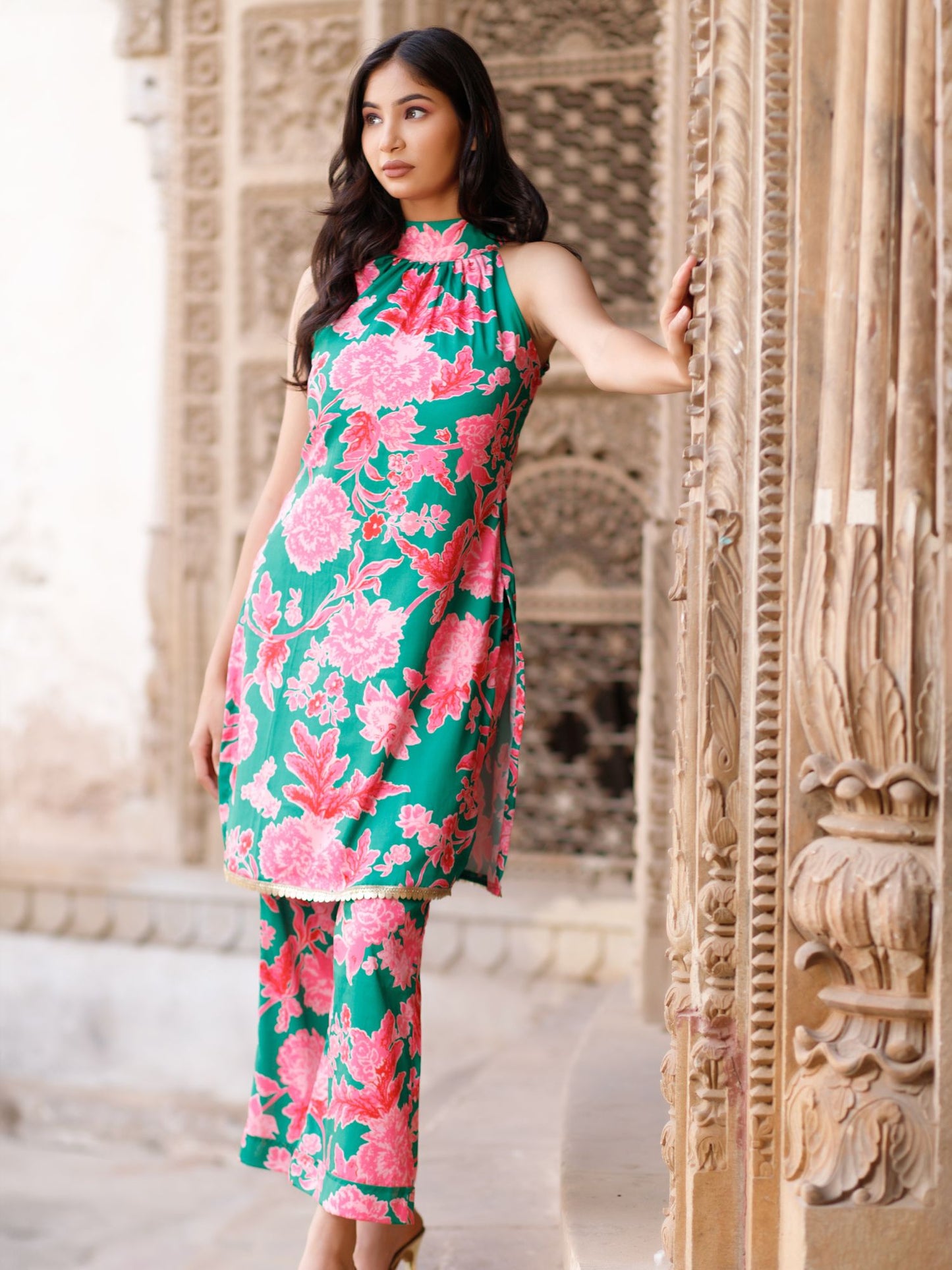 Green Floral Halter Neck Kurta Set