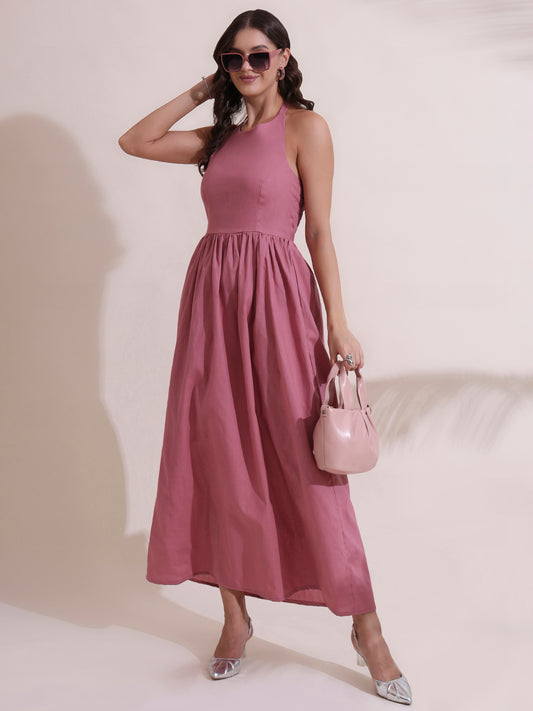 Pink Poplin Halter Neck Midi Dress