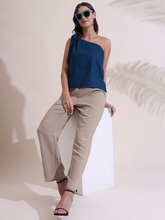 Blue Poplin One Shoulder Top
