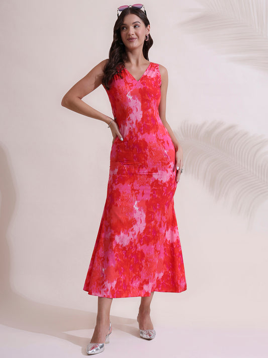 Marble Printed V-Neck Sleeveless Dress