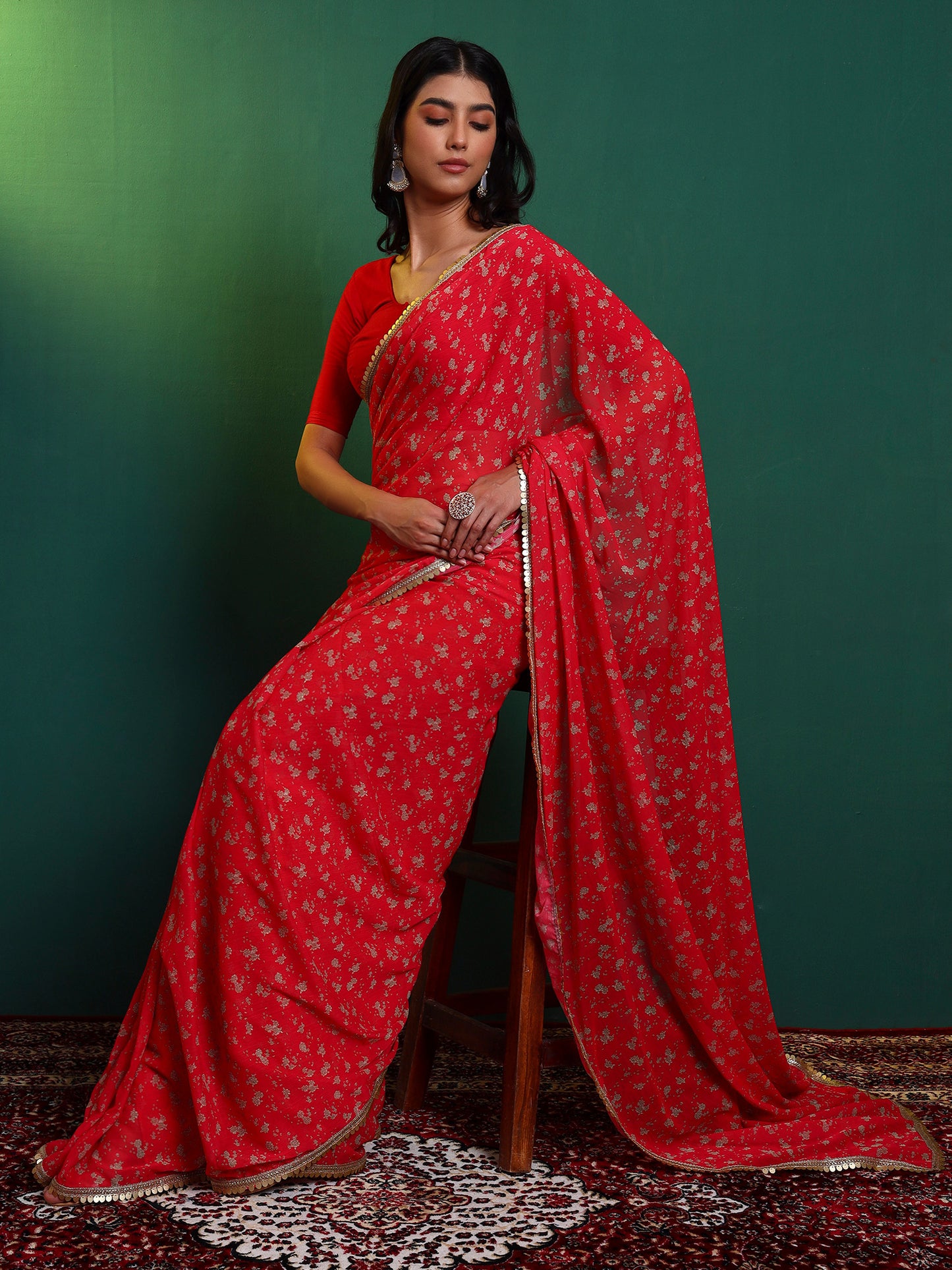 Red Floral Printed Chiffon Saree