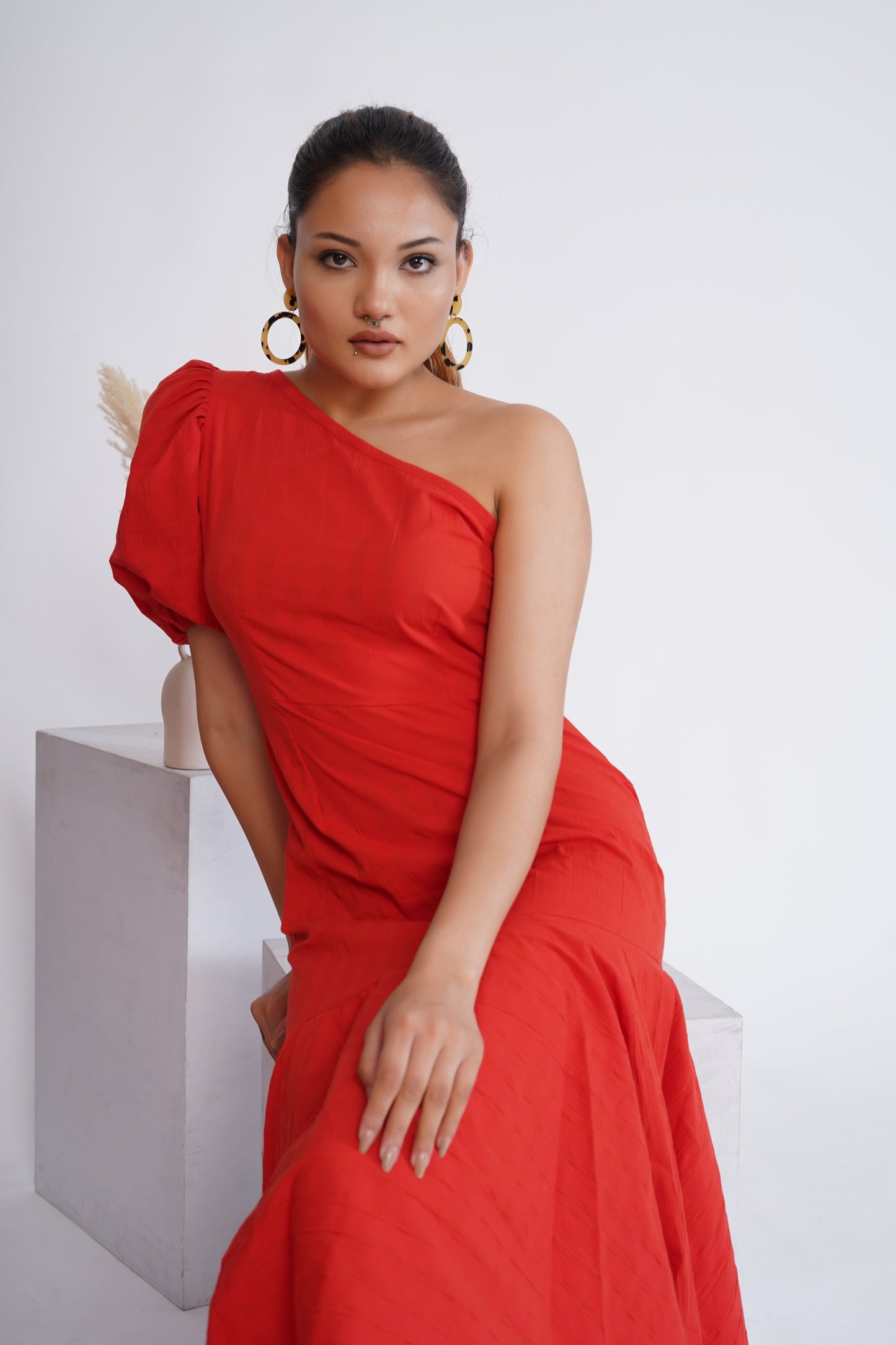 Flame red one shoulder dress