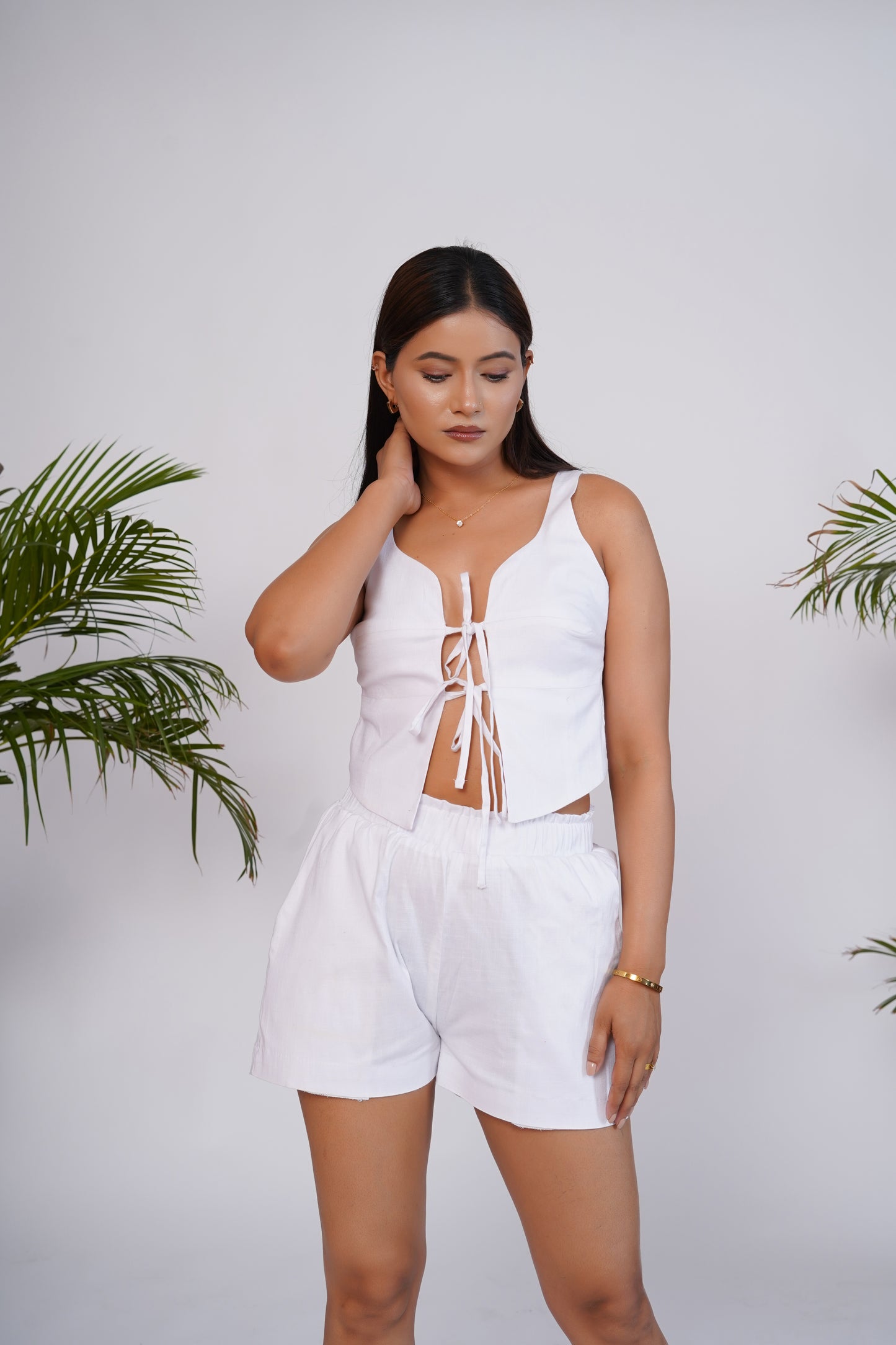 White tie-up top and shorts set
