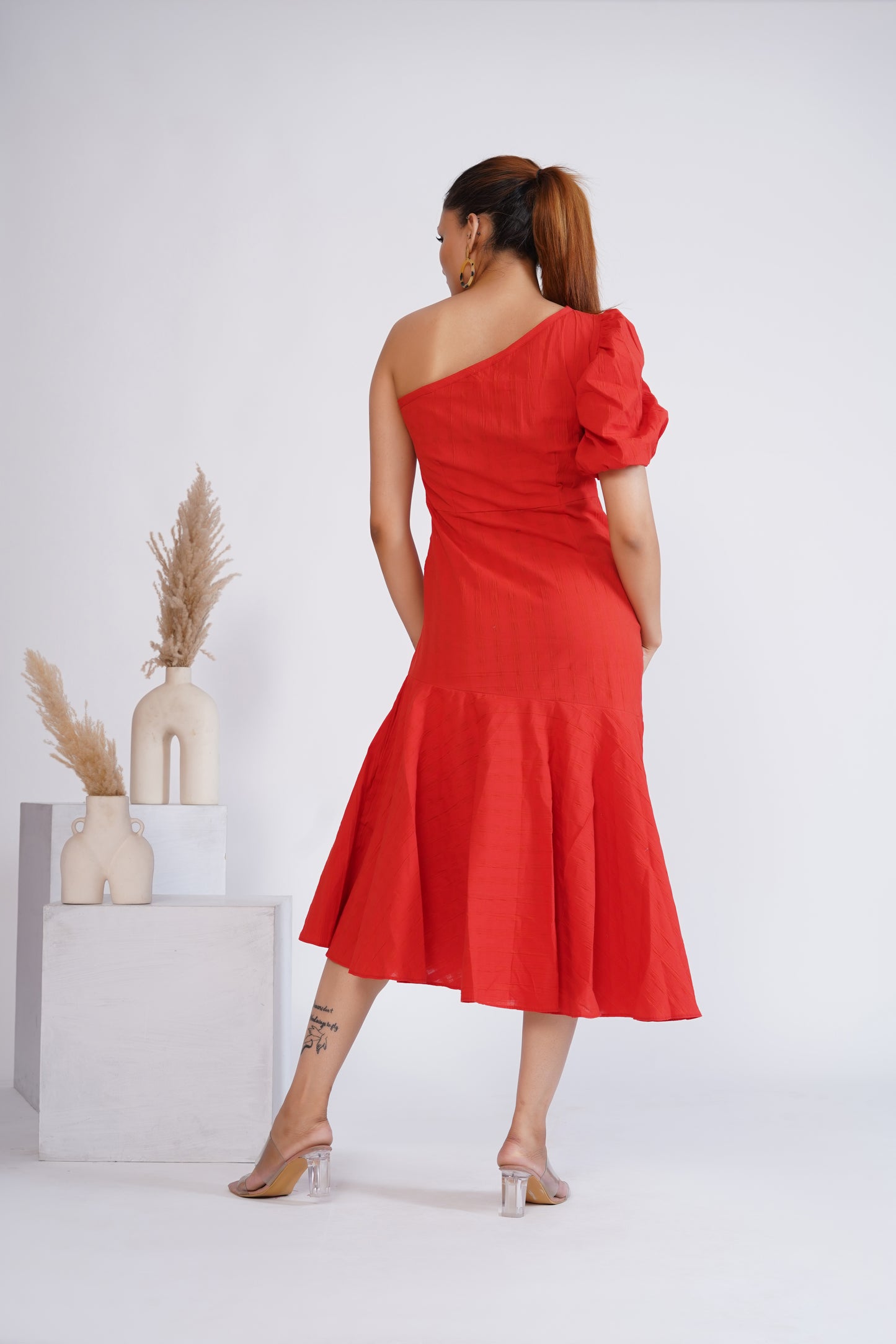 Flame red one shoulder dress