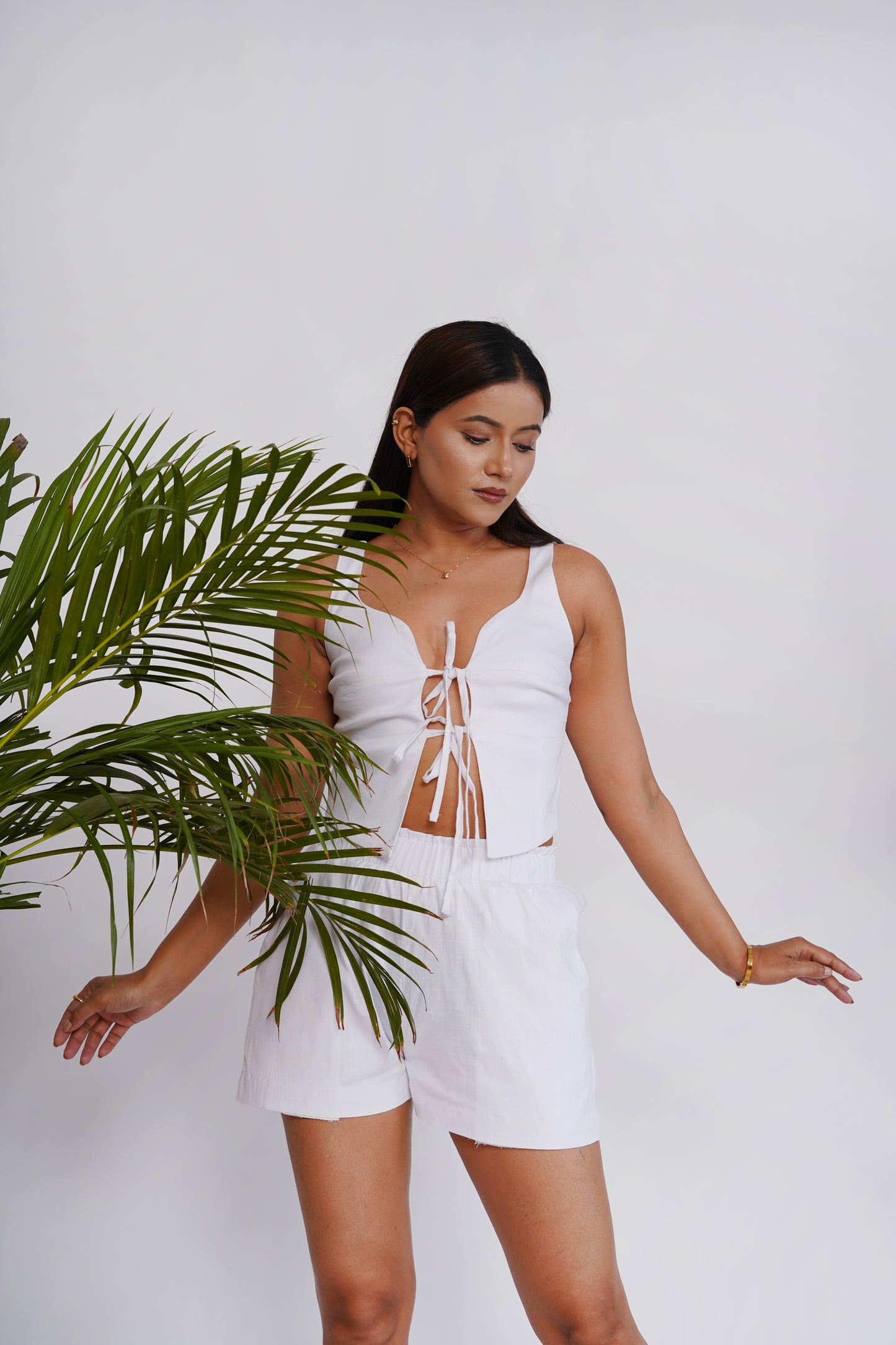 White tie-up top and shorts set