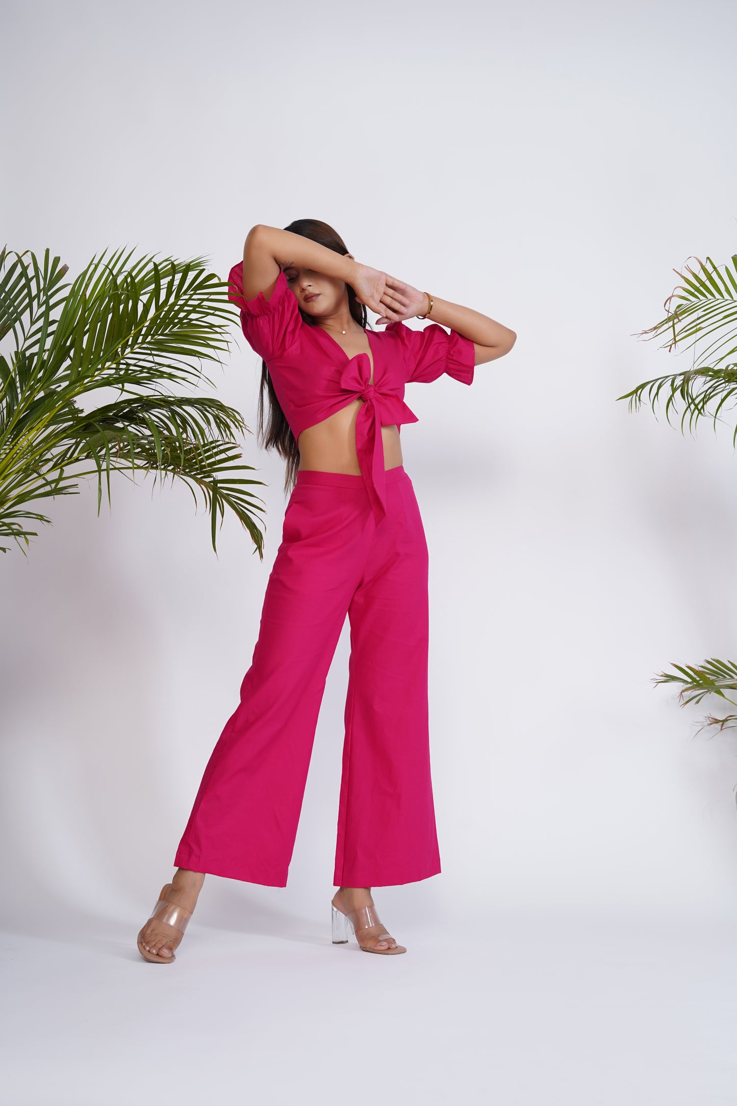 Hot Pink front tie-up crop top and pant set