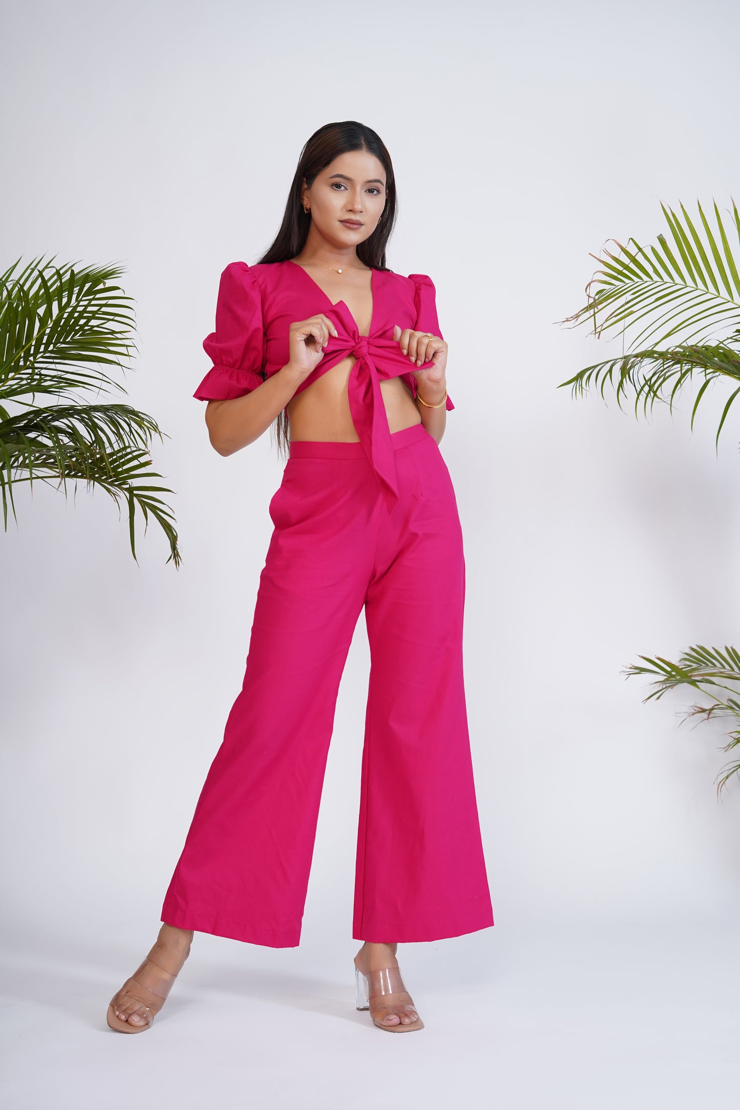Hot Pink front tie-up crop top and pant set