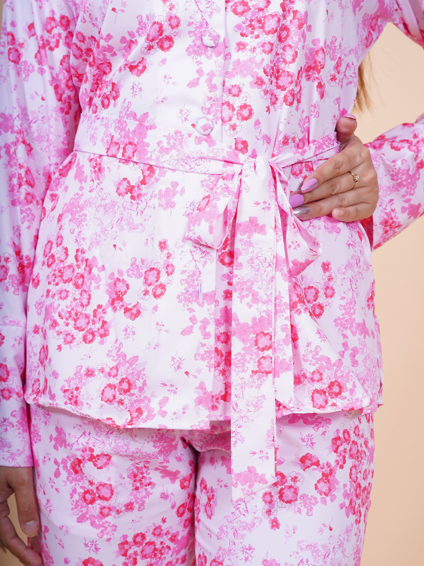 White & Pink Floral Blazer with Belt