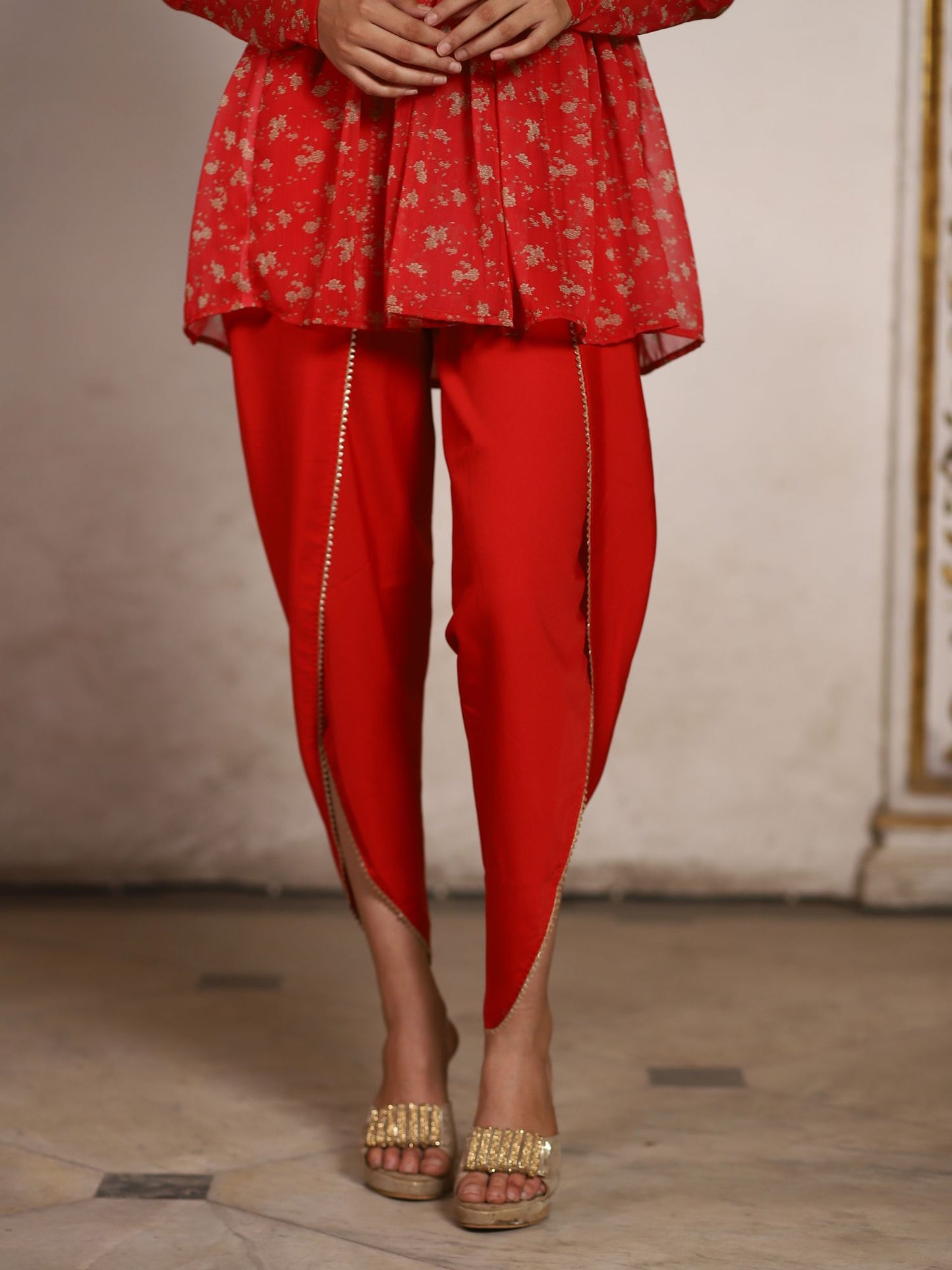 Red Embellished Tulip Pants