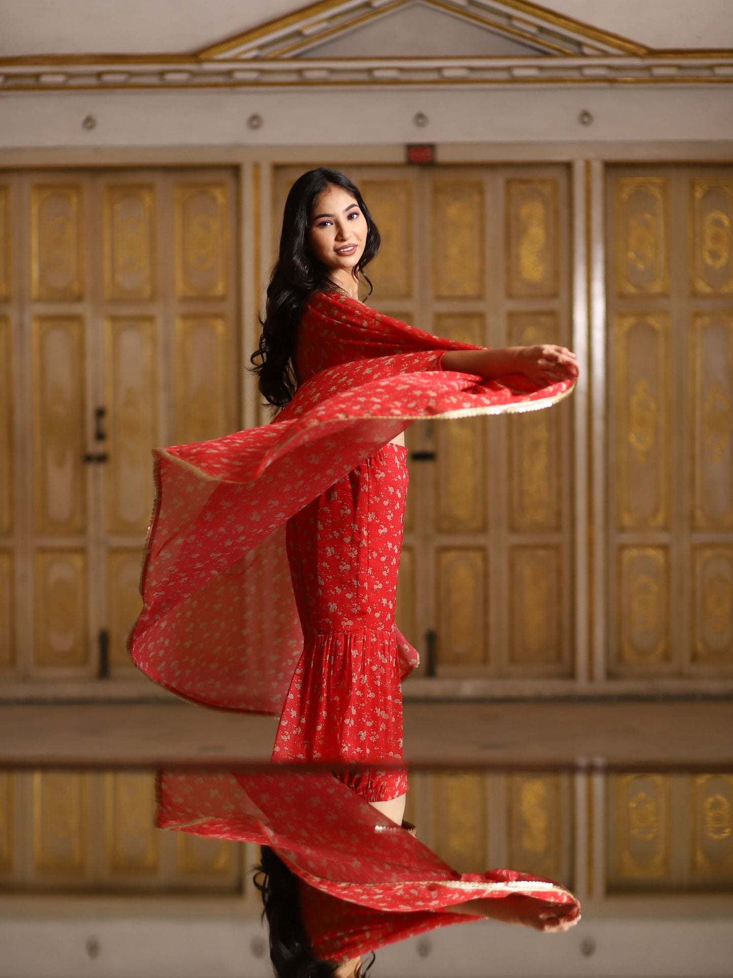 Red Floral Embellished Cape