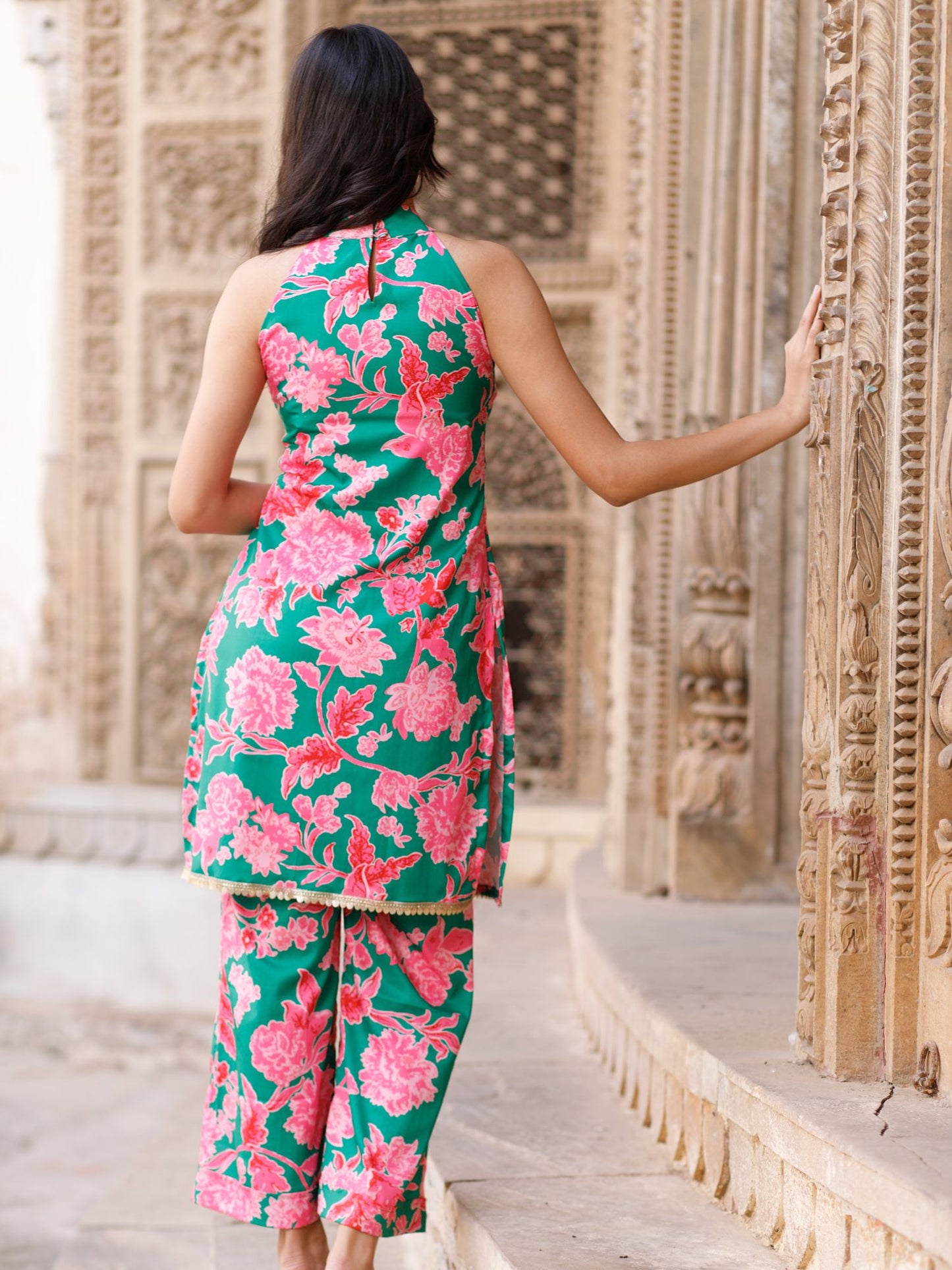 Green Floral Halter Neck Kurta Set