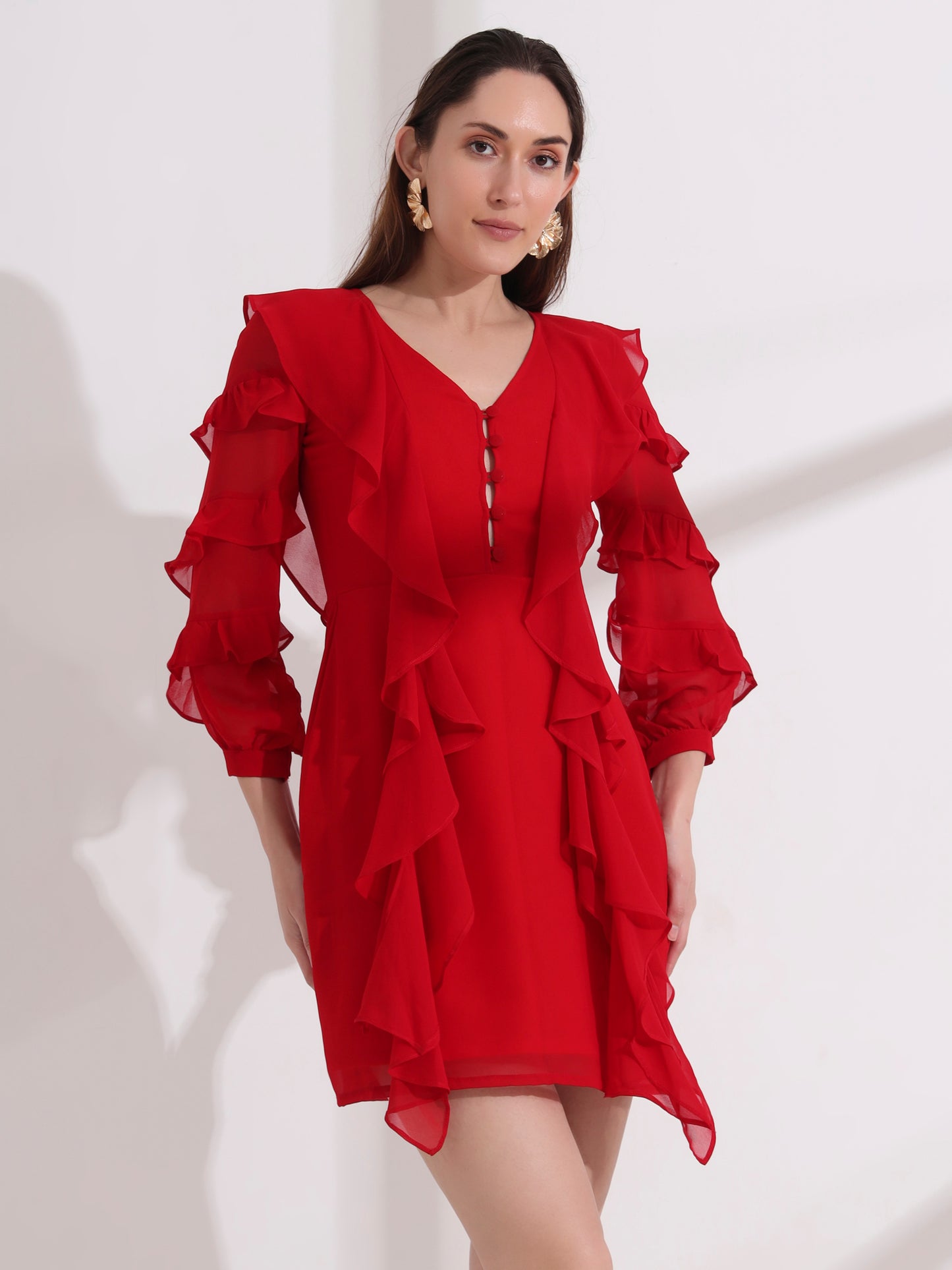 Red Georgette Ruffle Mini Dress