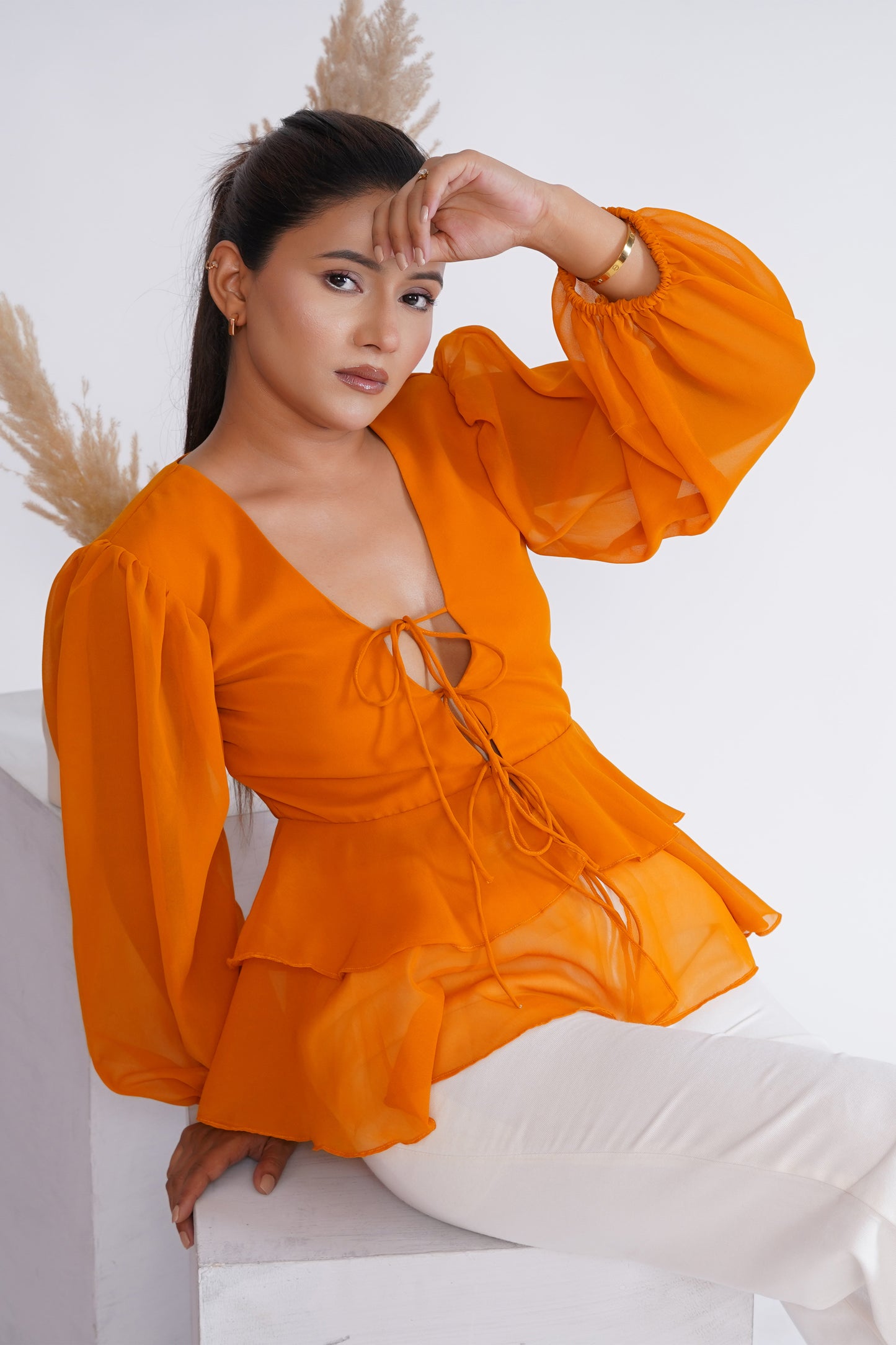 Mustard Georgette Front Tie-Up Top