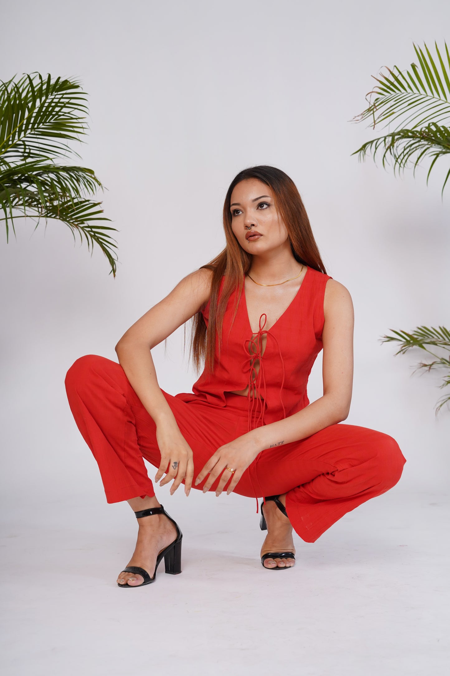 Flame red front tie-up top