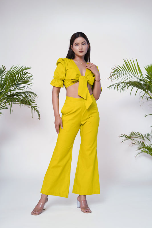 Lime green front tie-up crop top and pant set