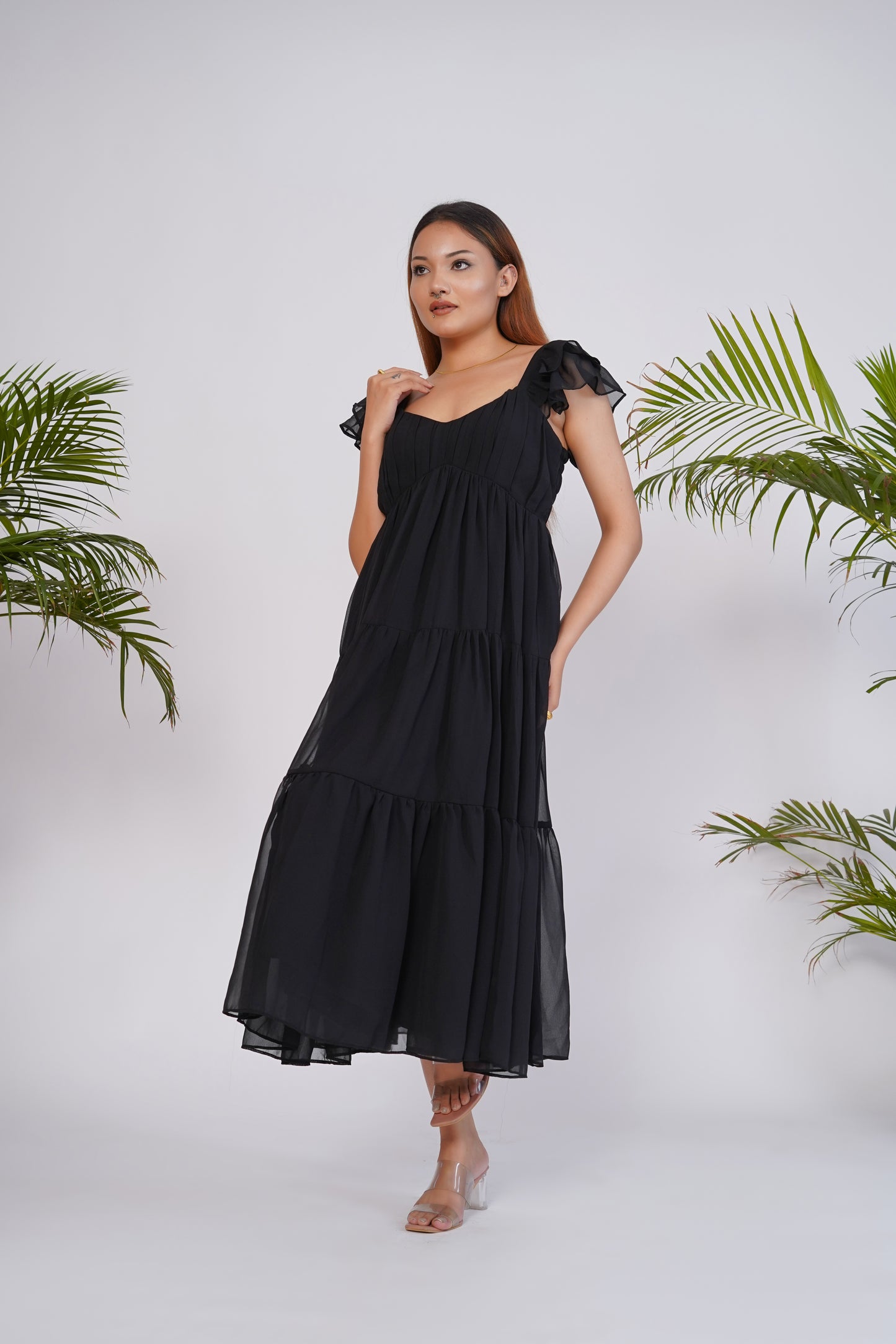Black Georgette tiered midi dress