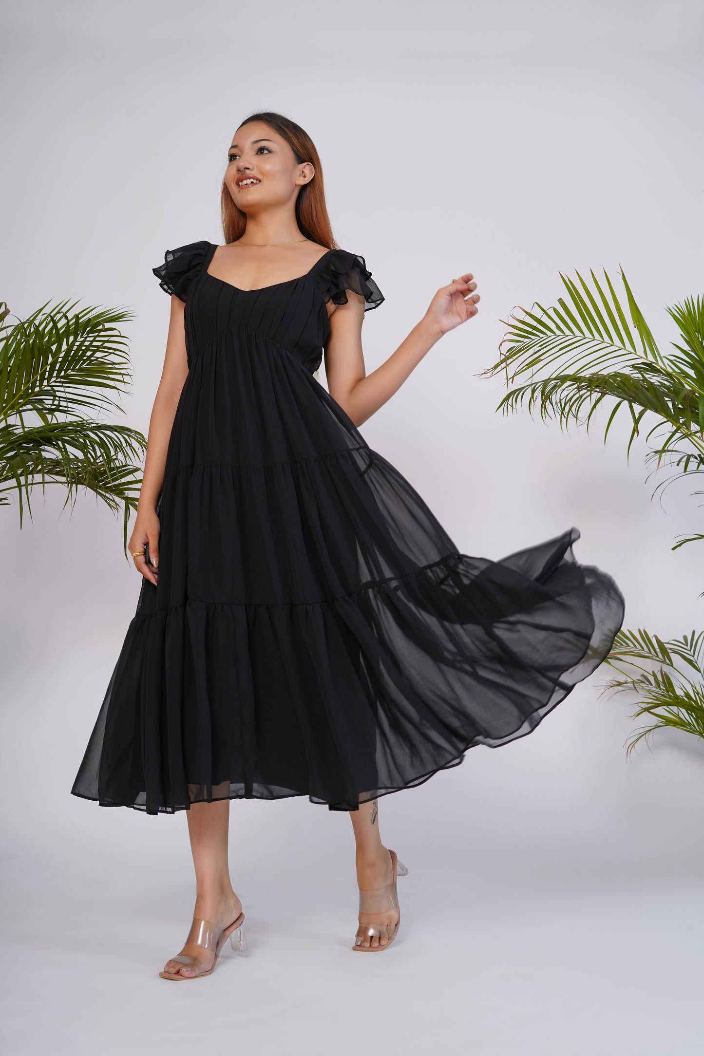 Black Georgette tiered midi dress