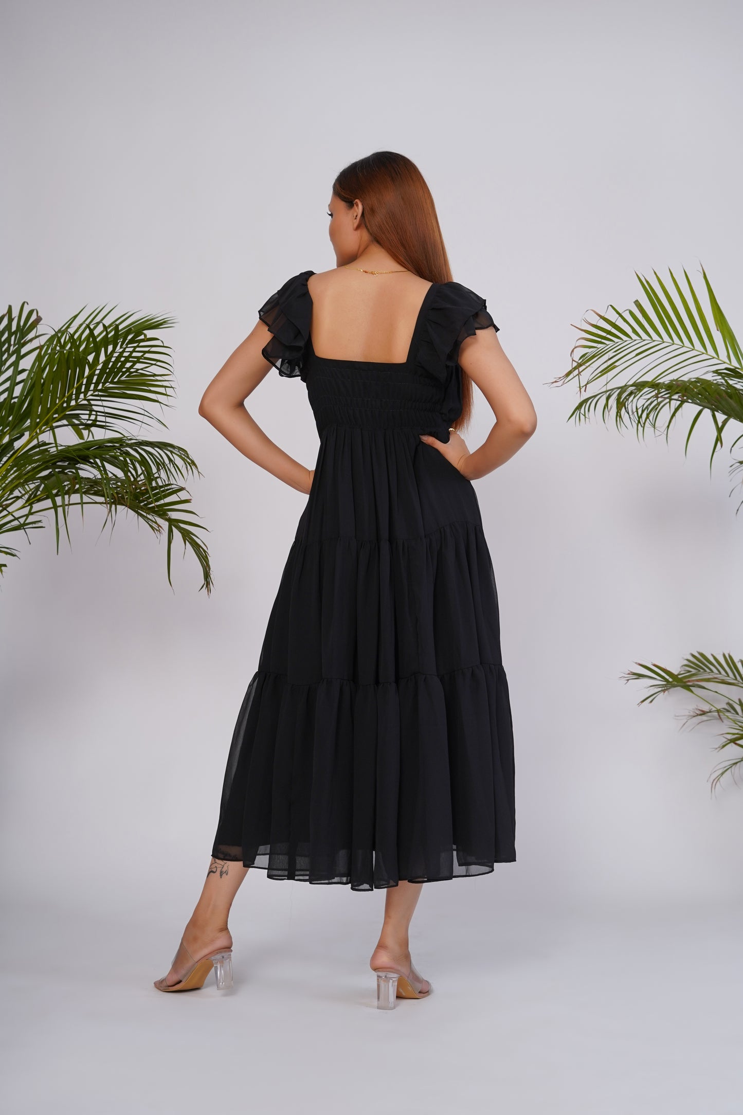 Black Georgette tiered midi dress