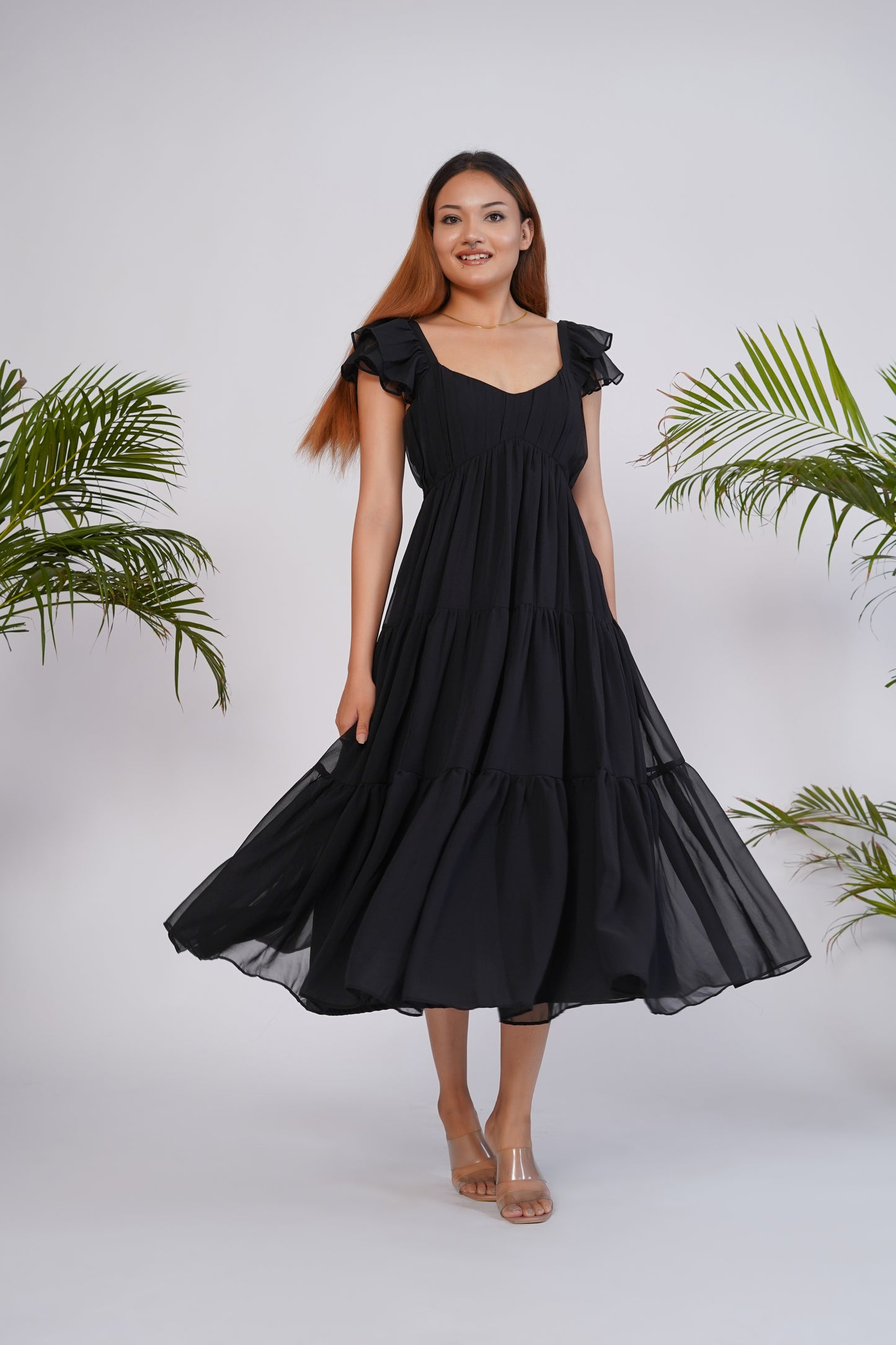 Black Georgette tiered midi dress