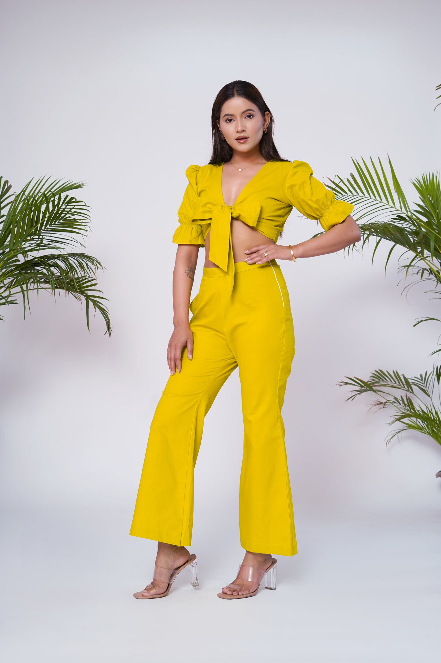 Lime green front tie-up crop top and pant set