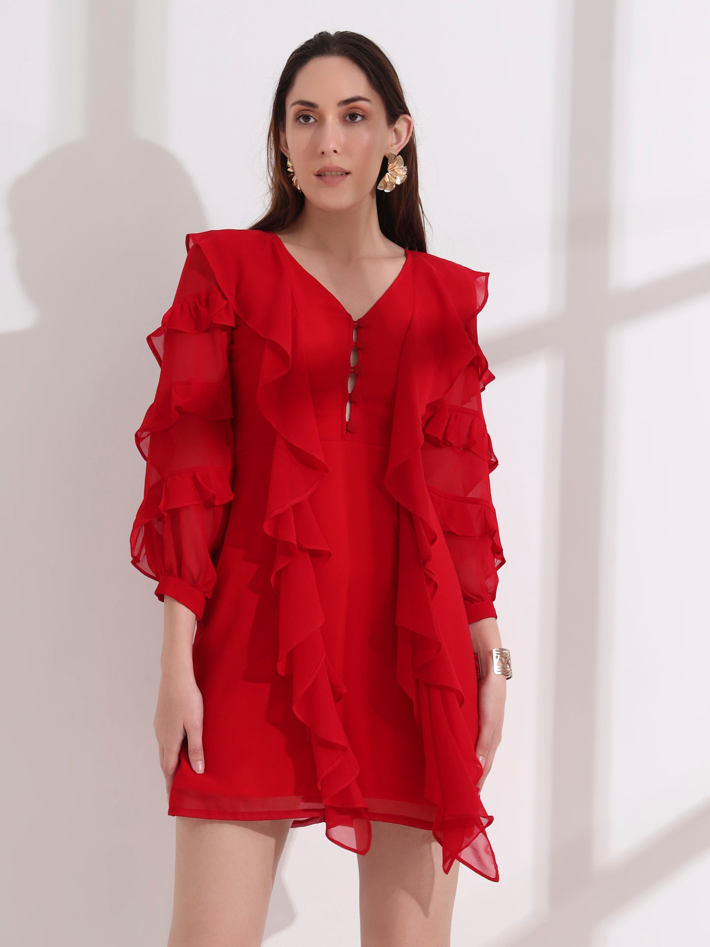 Red Georgette Ruffle Mini Dress