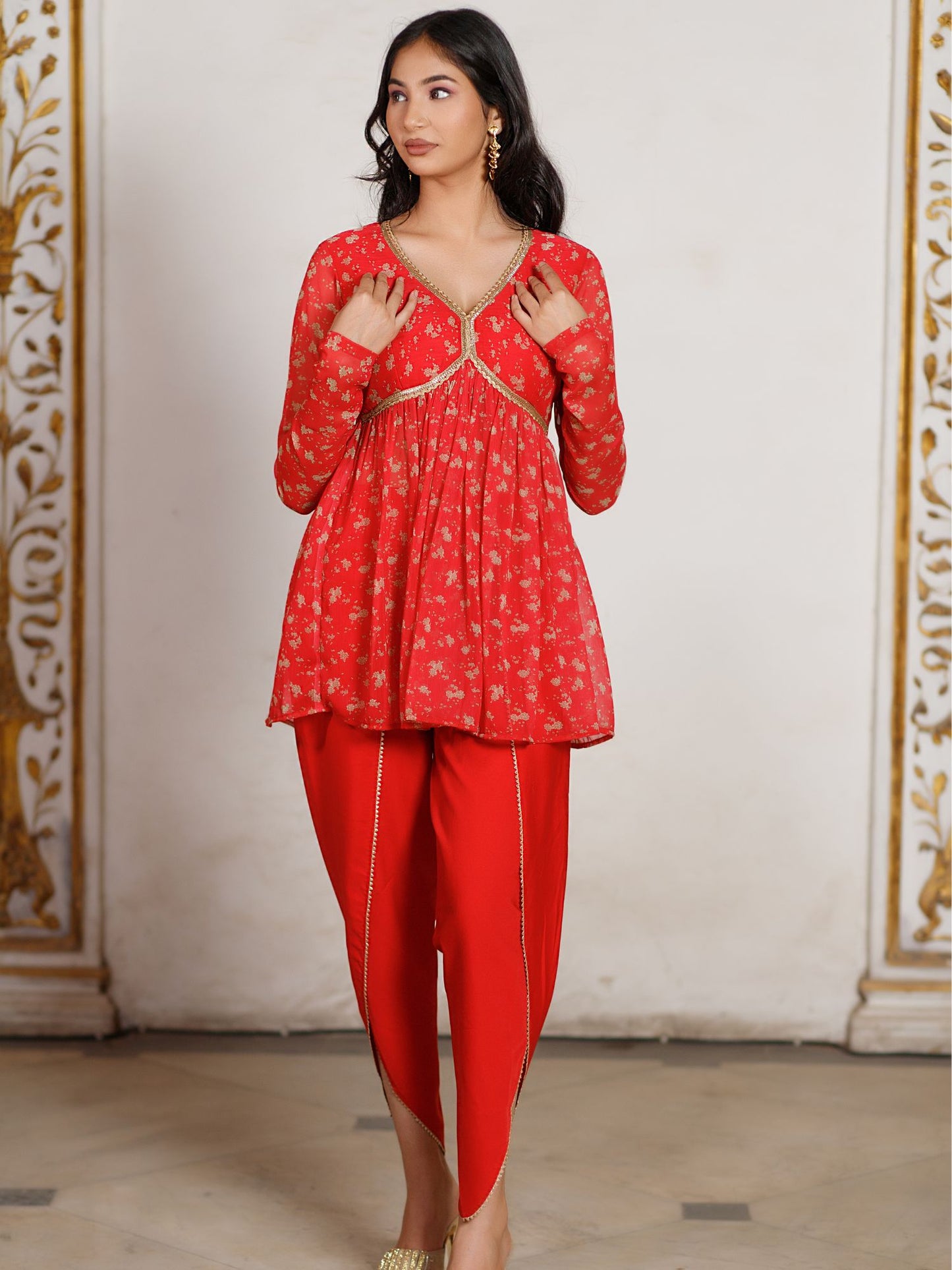 Red Embellished Tulip Pants