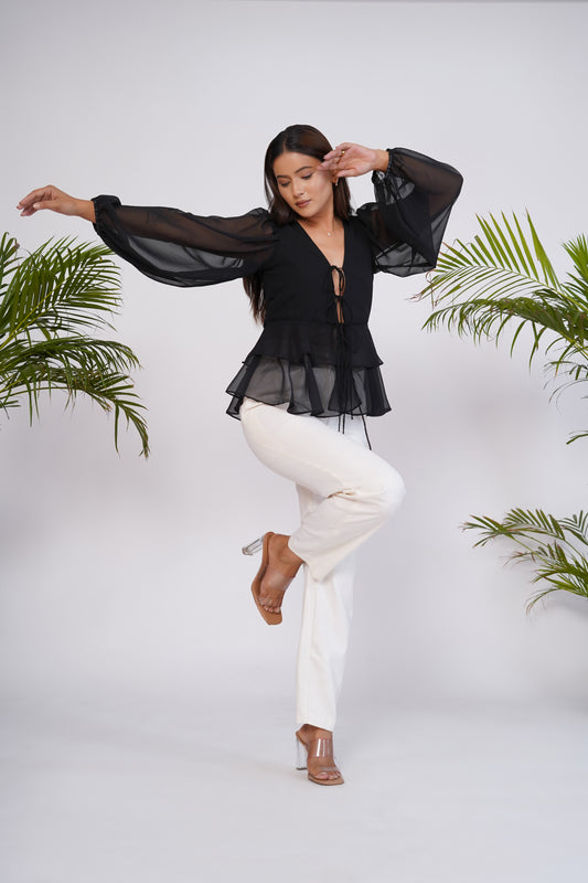 Black Georgette Front Tie-Up Top