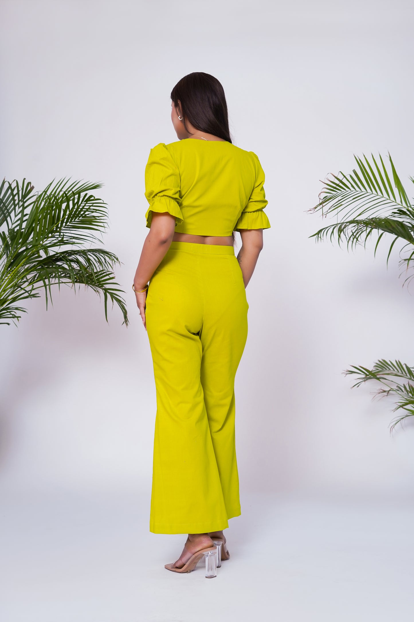 Lime green front tie-up crop top and pant set