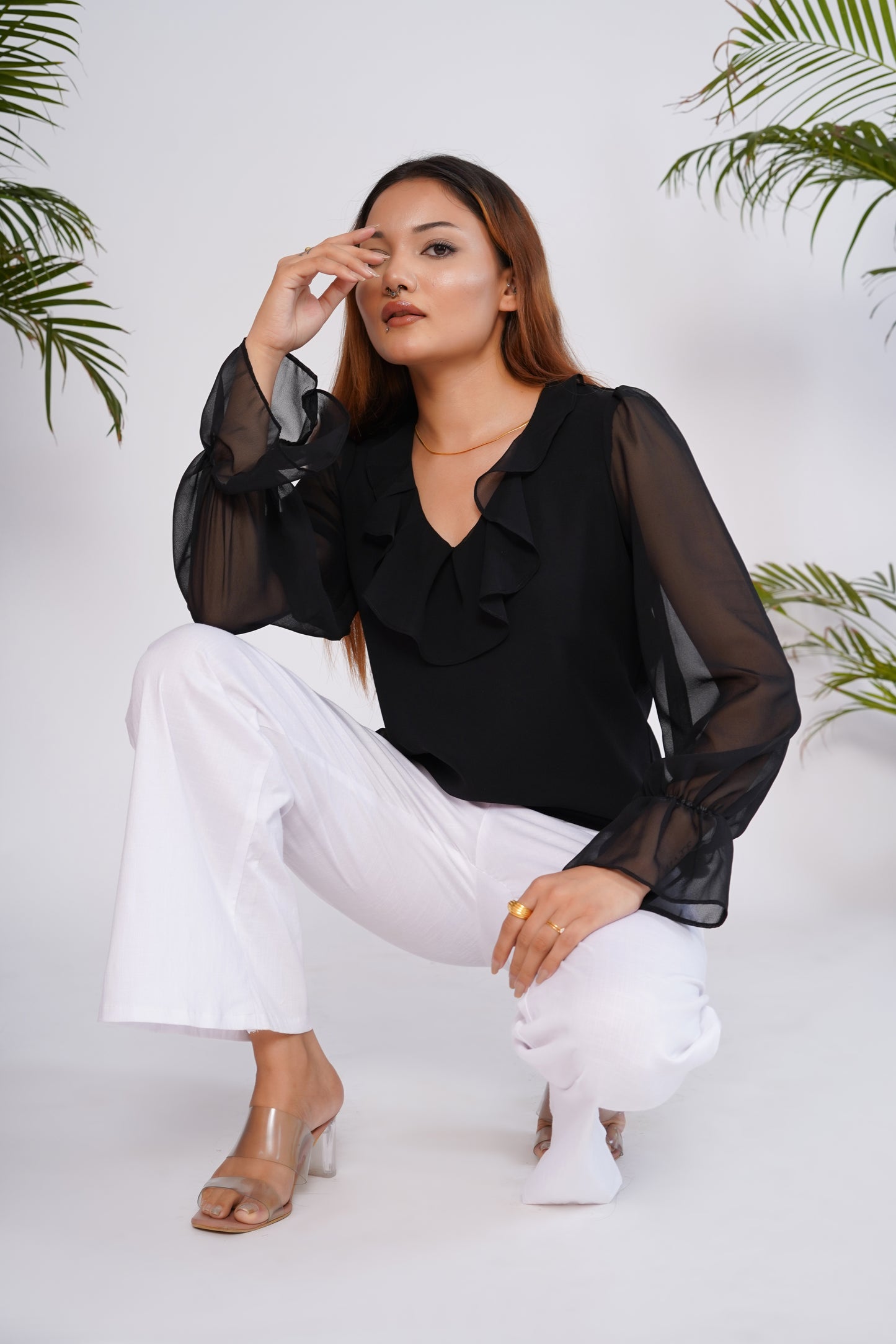 Black Georgette Frill Top