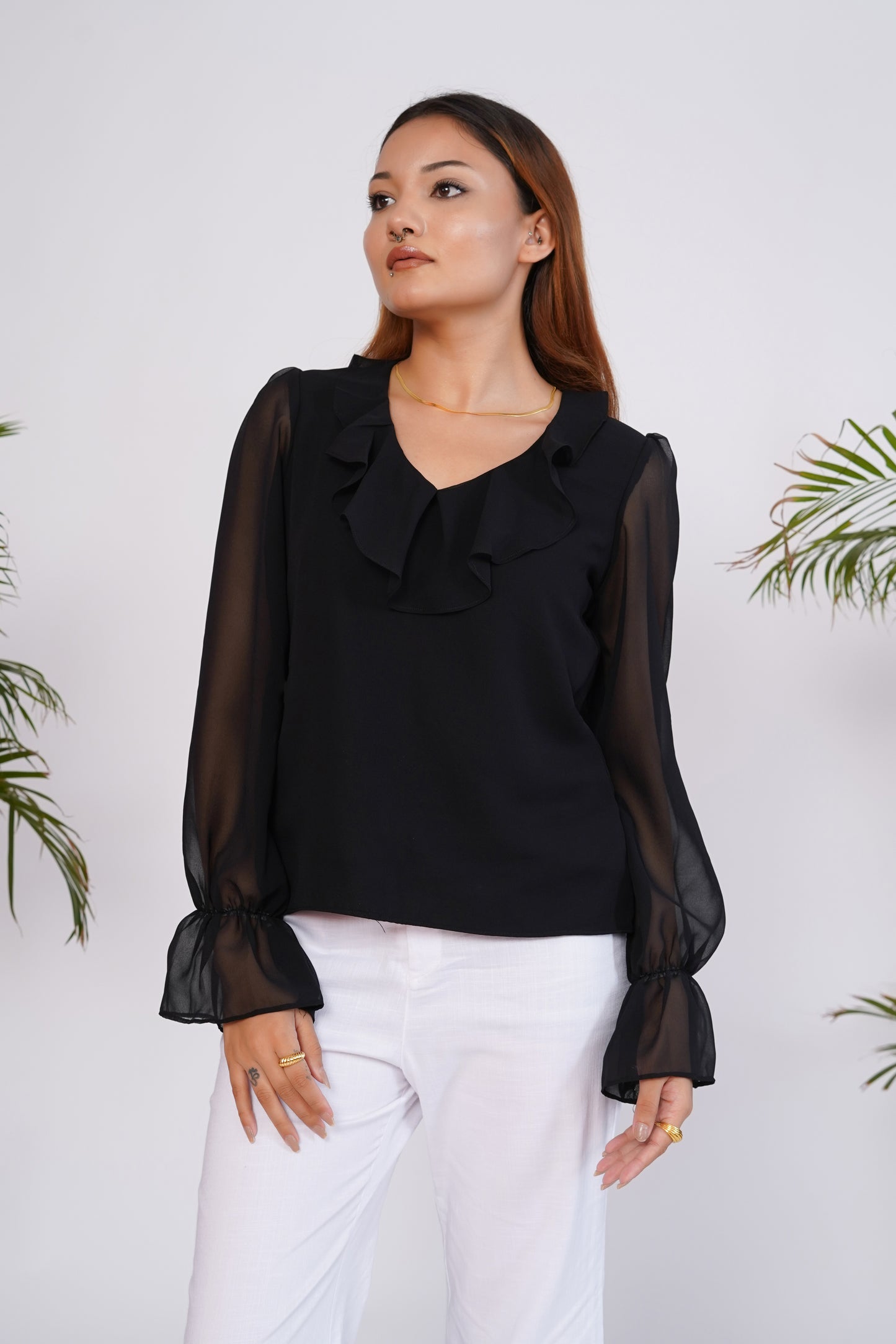 Black Georgette Frill Top