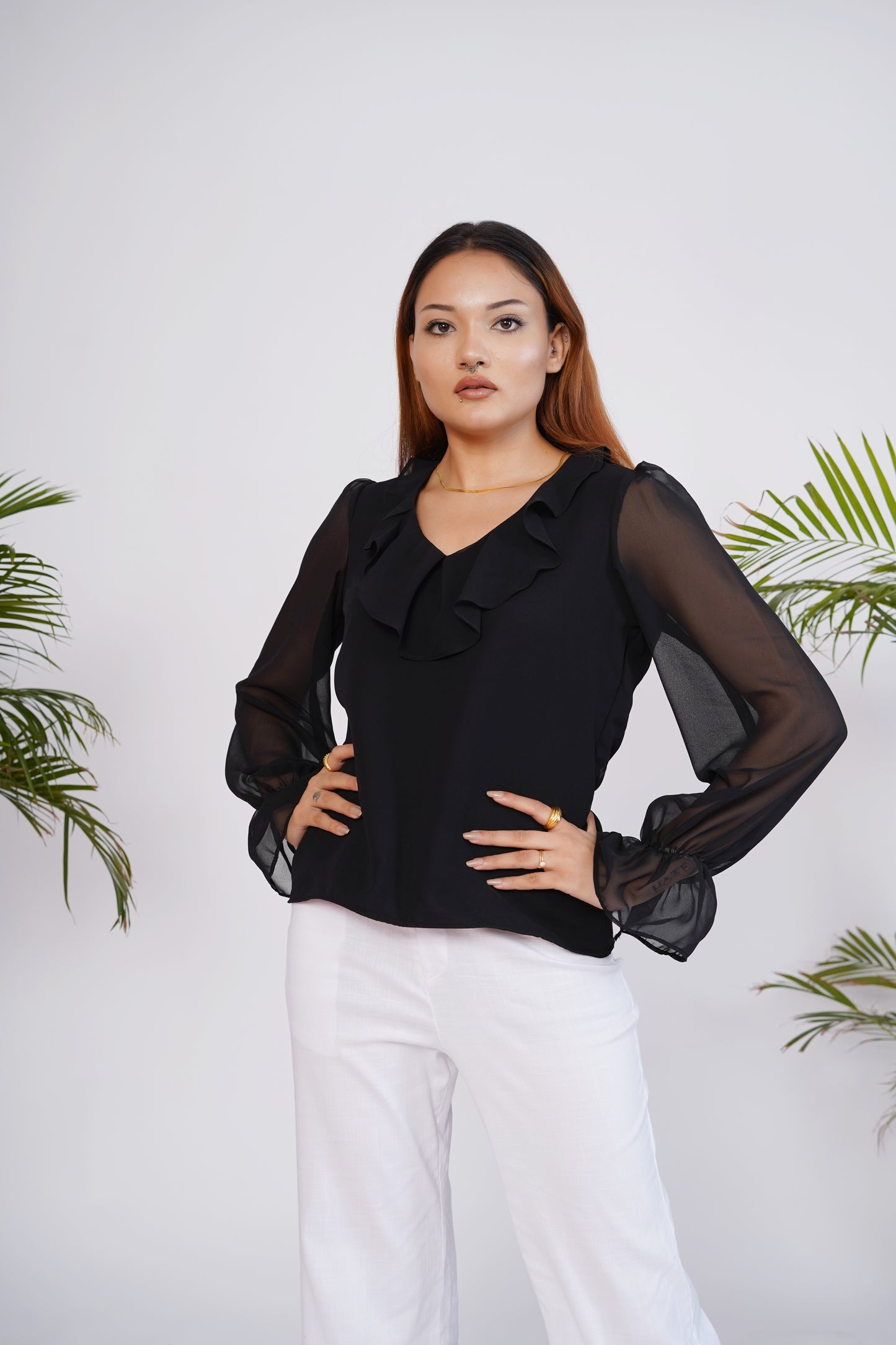 Black Georgette Frill Top