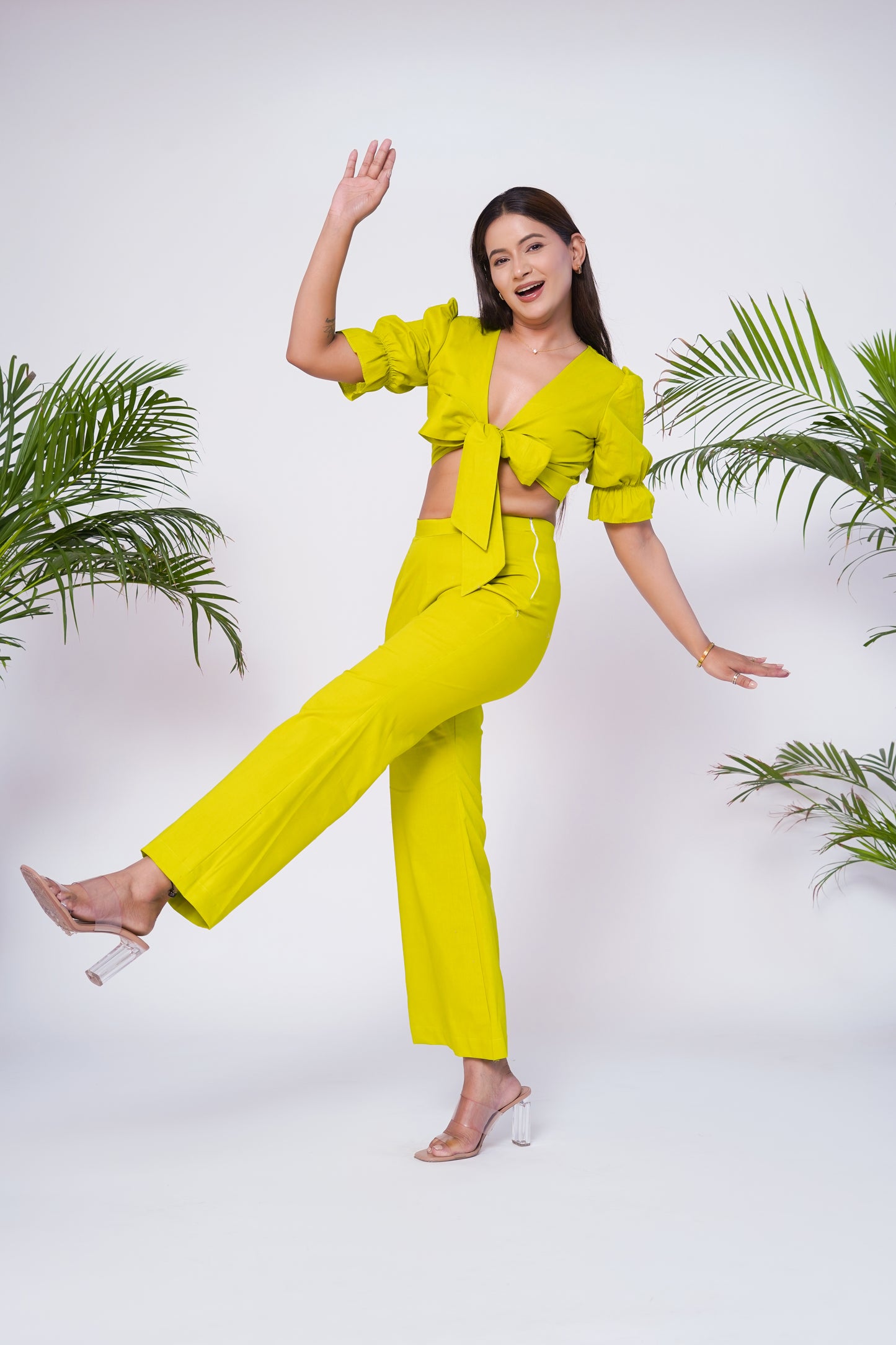 Lime green front tie-up crop top and pant set