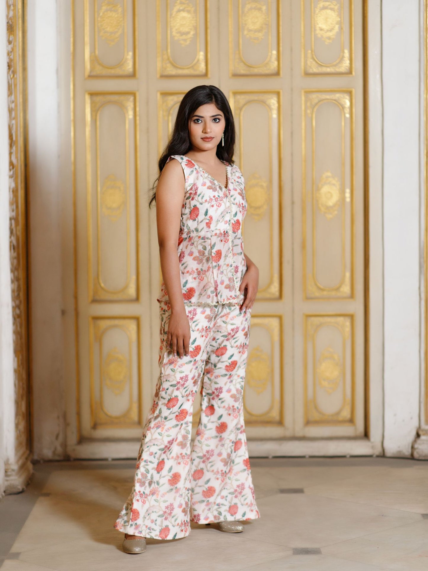 Chintz Floral Peplum Top with Flared Pants