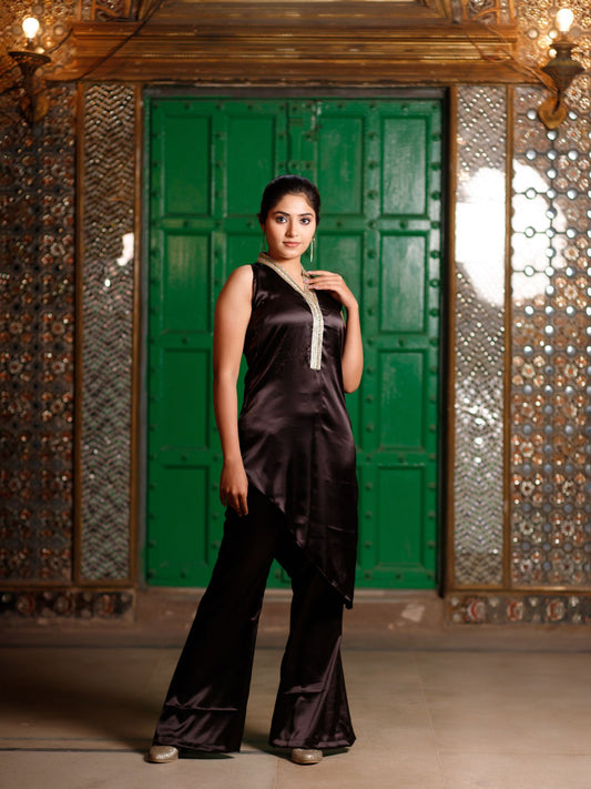 Black Embellished Asymmetric Kurta Set