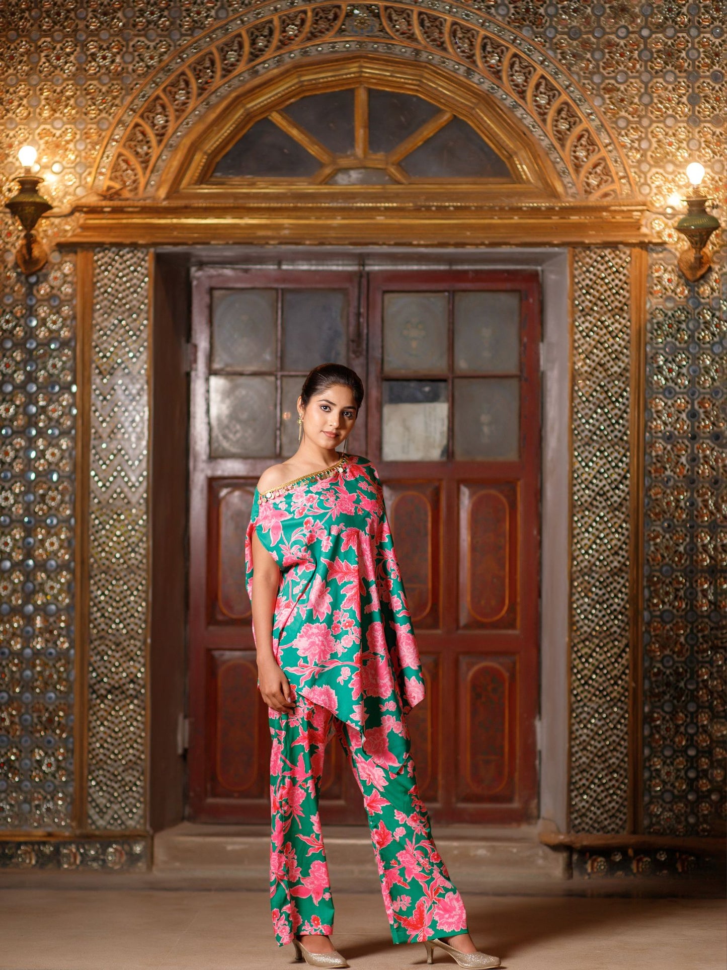 Green Floral Cowl Kurta Set